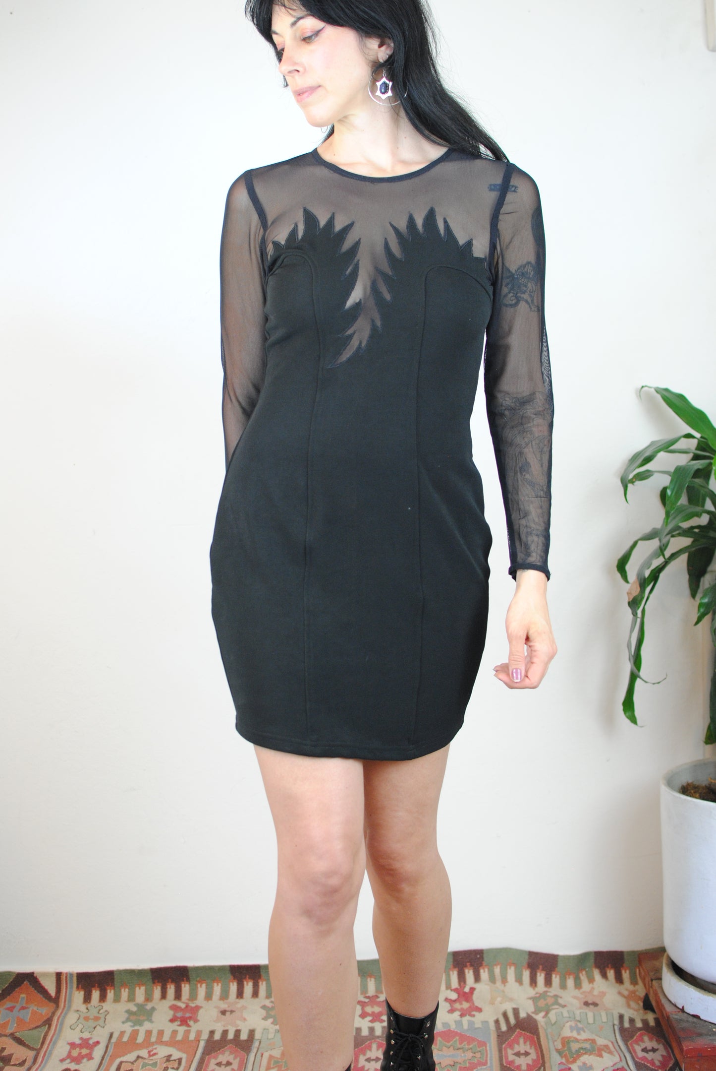 vintage 80s fitted dress bodycon long sleeve with sheer peek a boo bust line in flame design