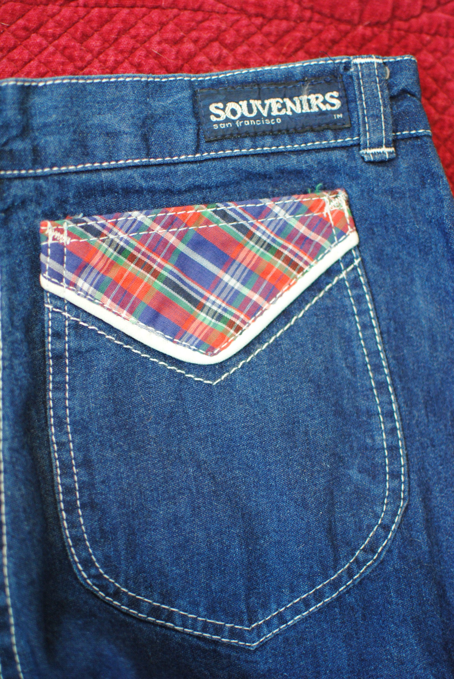 Dark denim 70s Souvenirs of San Fransisco wide bottom bell bottom plaid pocket