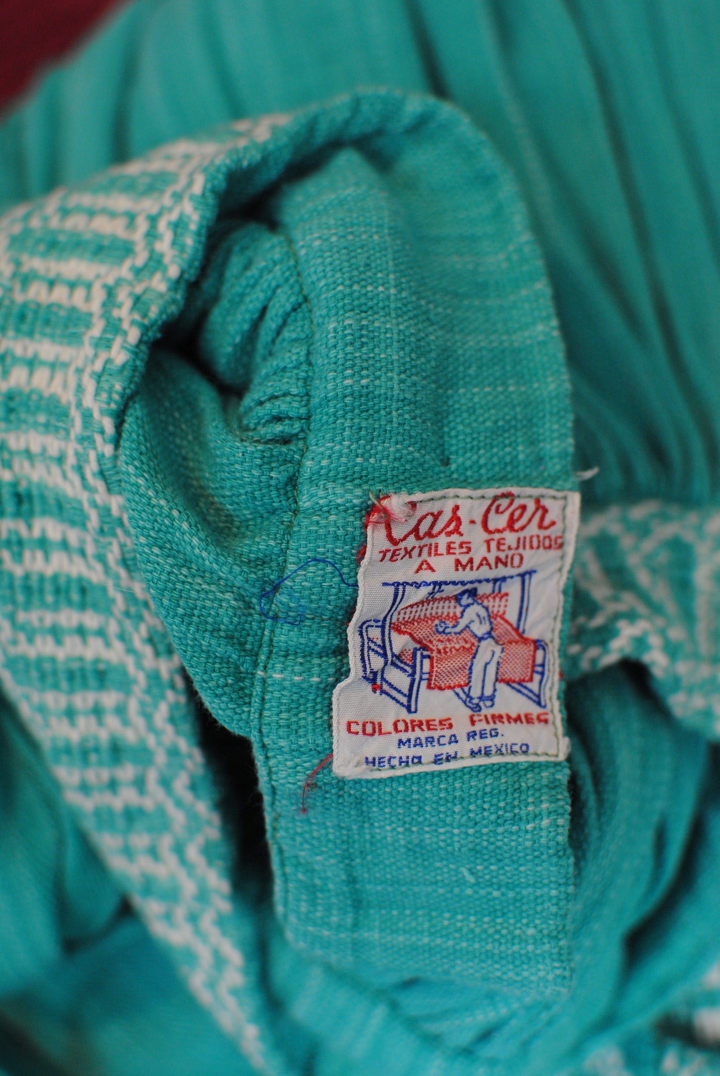 Vintage 50s heavy hand woven full skirt aqua turquoise with white embroidery Cas-Cer textiles