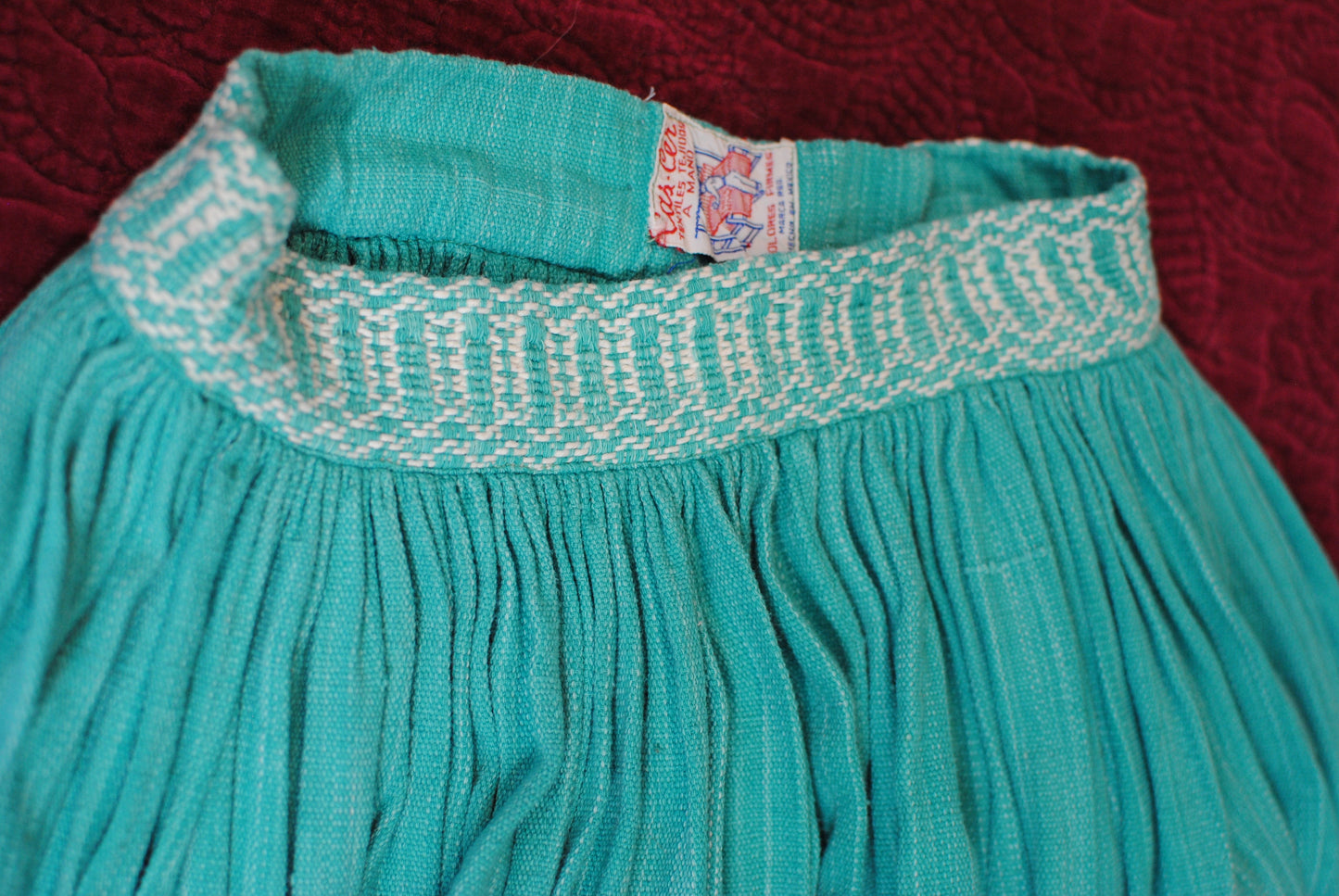 Vintage 50s heavy hand woven full skirt aqua turquoise with white embroidery Cas-Cer textiles