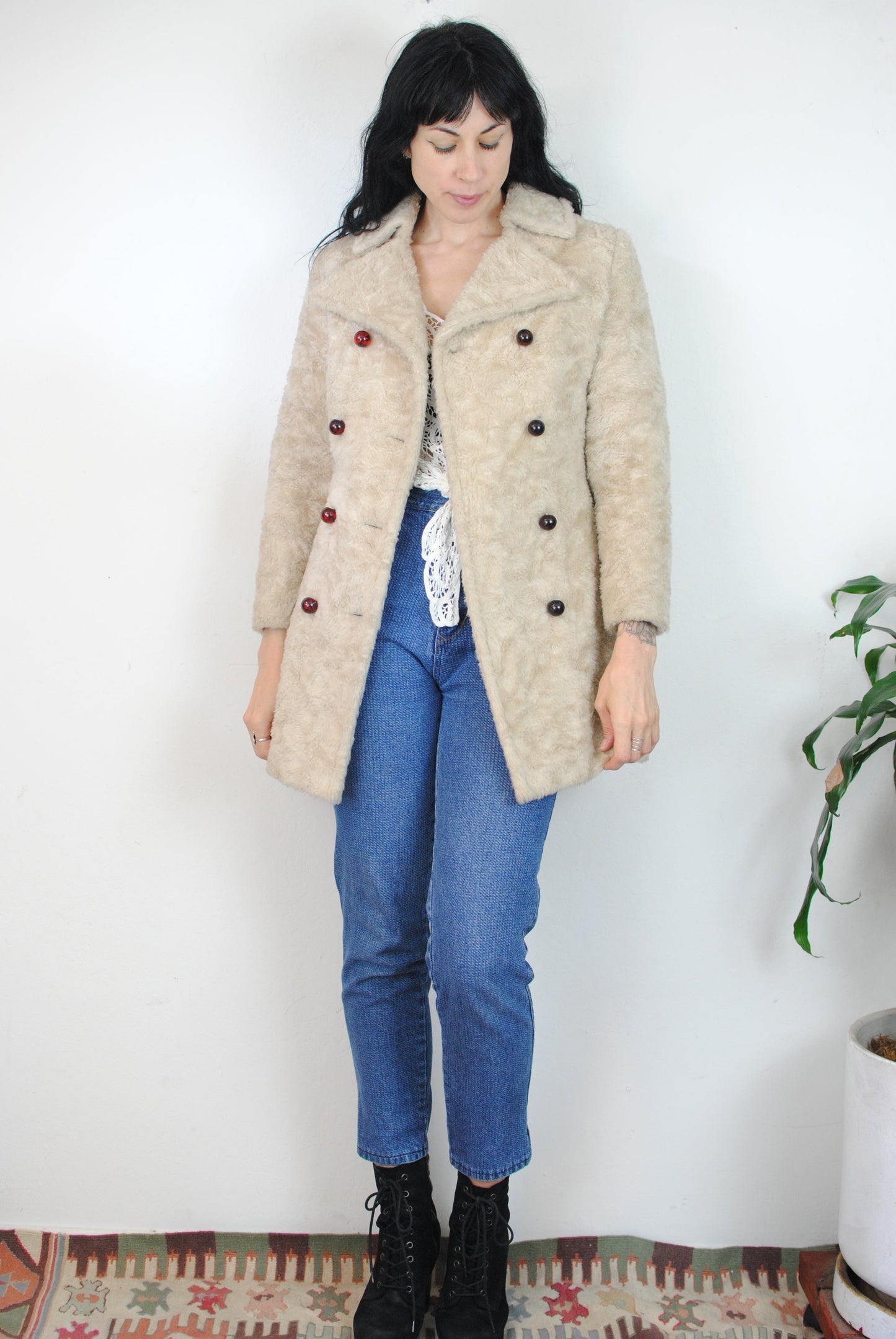 Copy of 60s 70s cream off white beige faux fur peacoat double breasted coat jacket