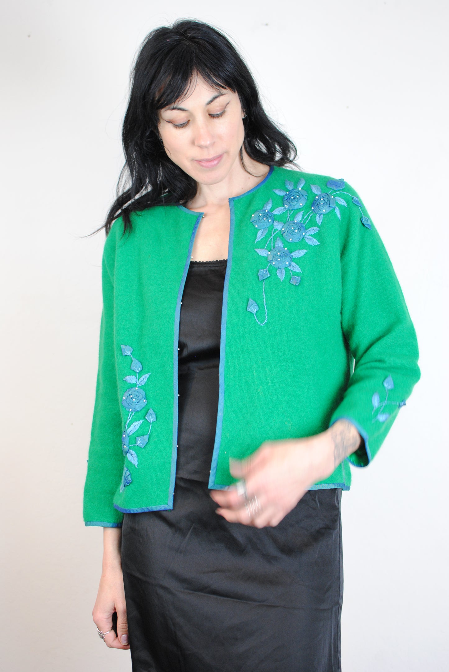 50s cashmere sweater knit cardigan hand beaded fully lined green blue