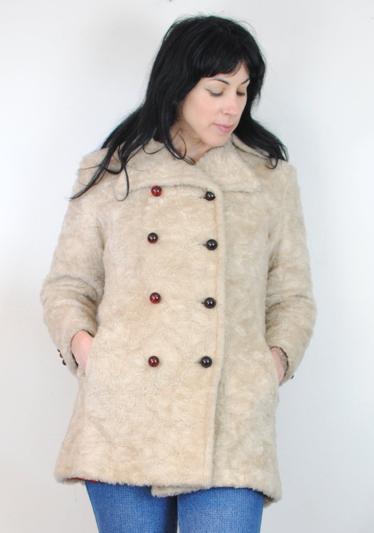 Copy of 60s 70s cream off white beige faux fur peacoat double breasted coat jacket