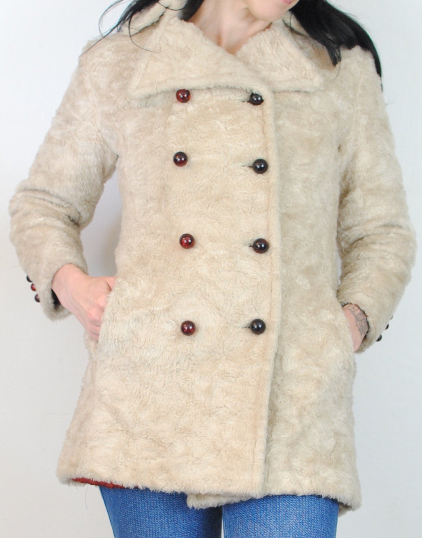 Copy of 60s 70s cream off white beige faux fur peacoat double breasted coat jacket