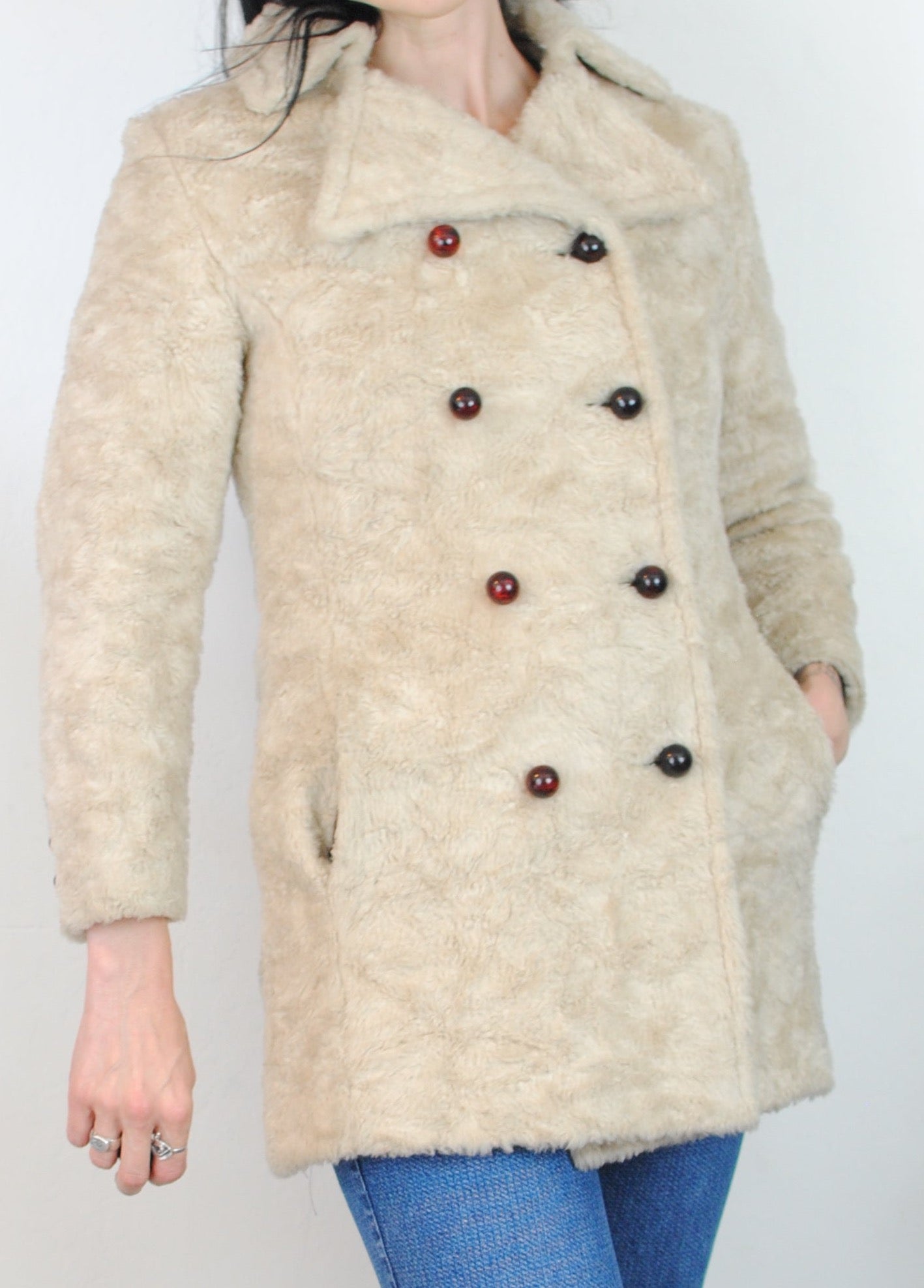 Copy of 60s 70s cream off white beige faux fur peacoat double breasted coat jacket