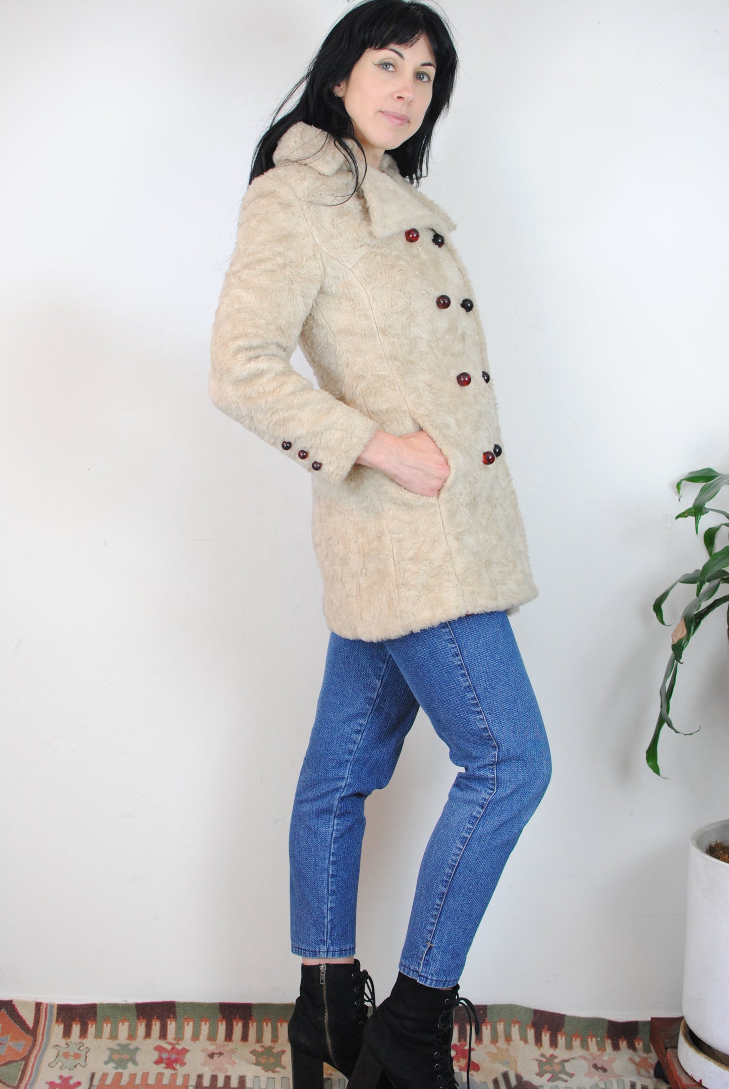 Copy of 60s 70s cream off white beige faux fur peacoat double breasted coat jacket