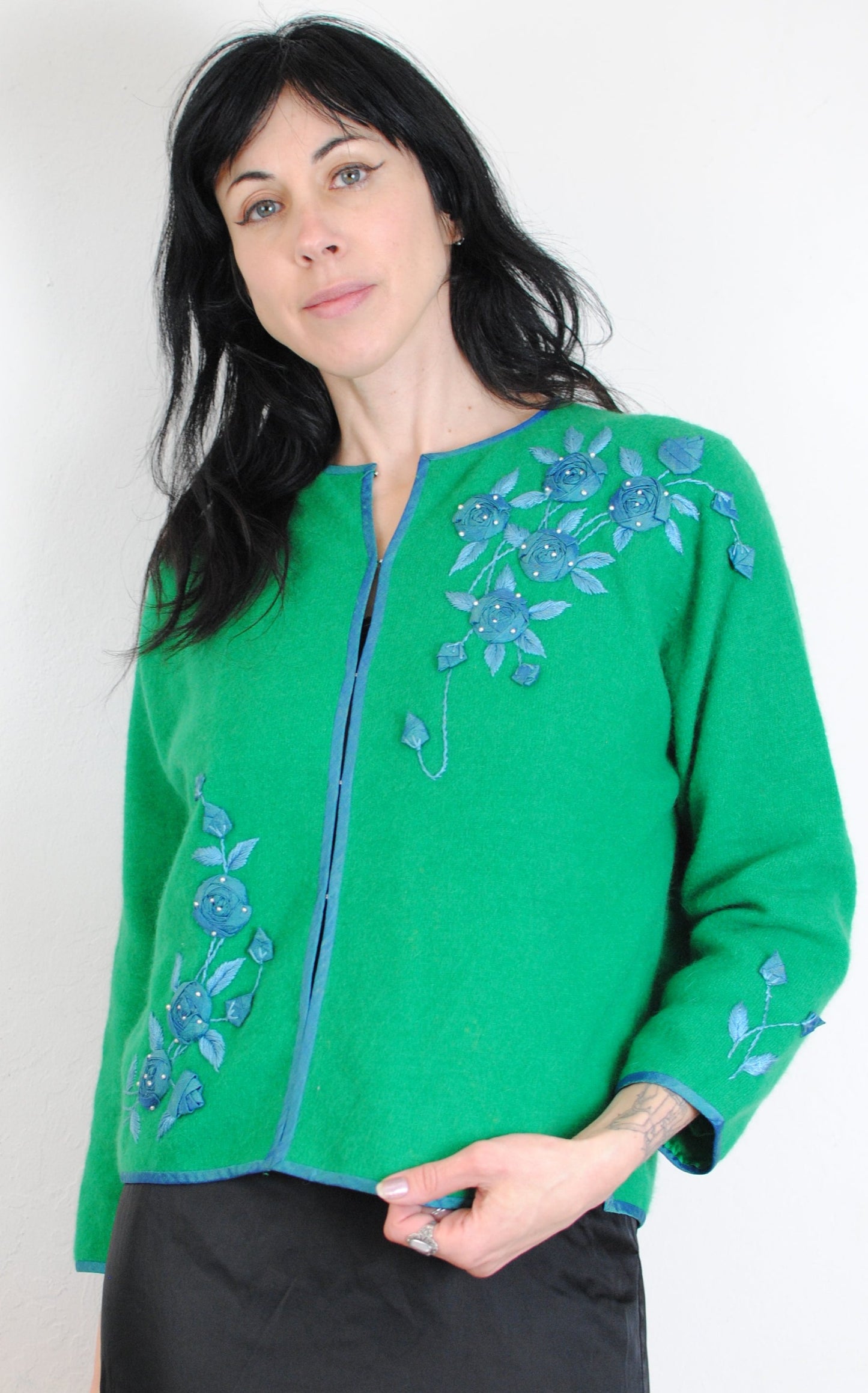 50s cashmere sweater knit cardigan hand beaded fully lined green blue