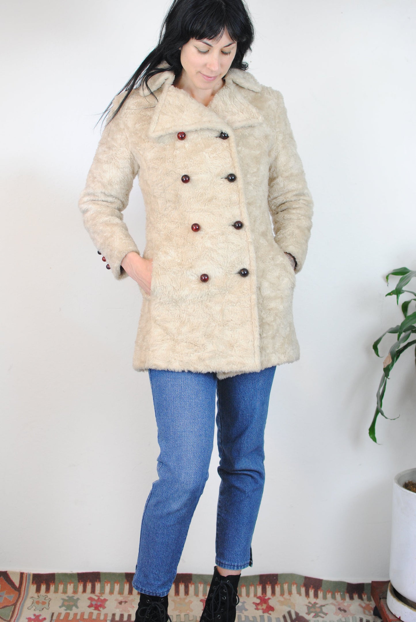 Copy of 60s 70s cream off white beige faux fur peacoat double breasted coat jacket