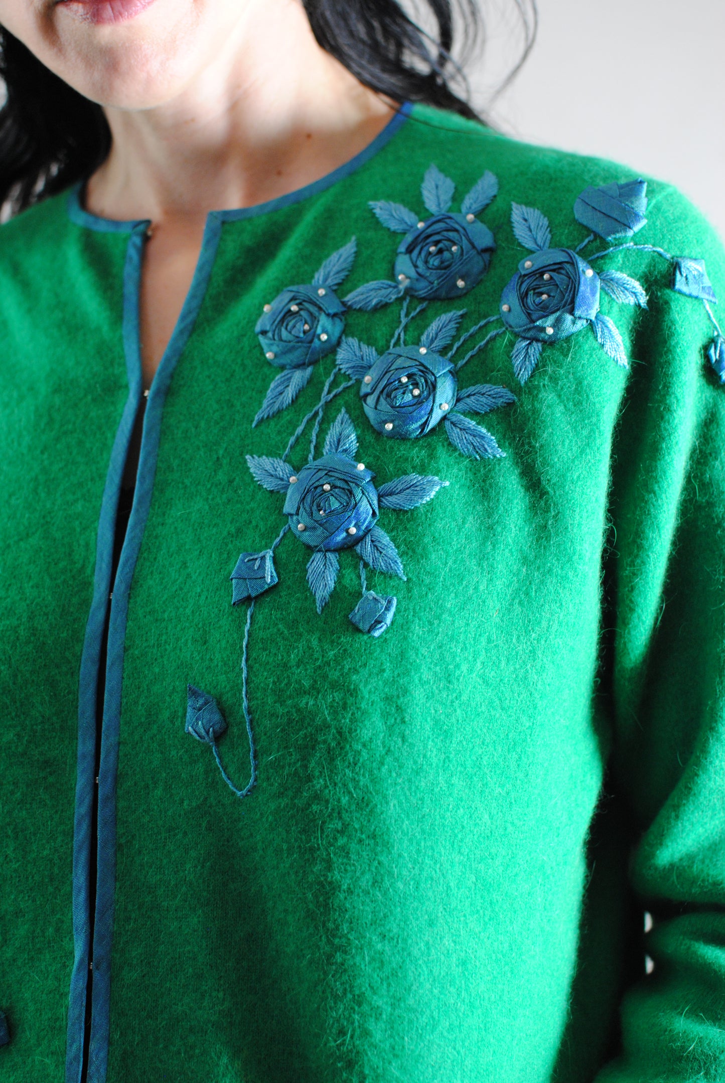 50s cashmere sweater knit cardigan hand beaded fully lined green blue