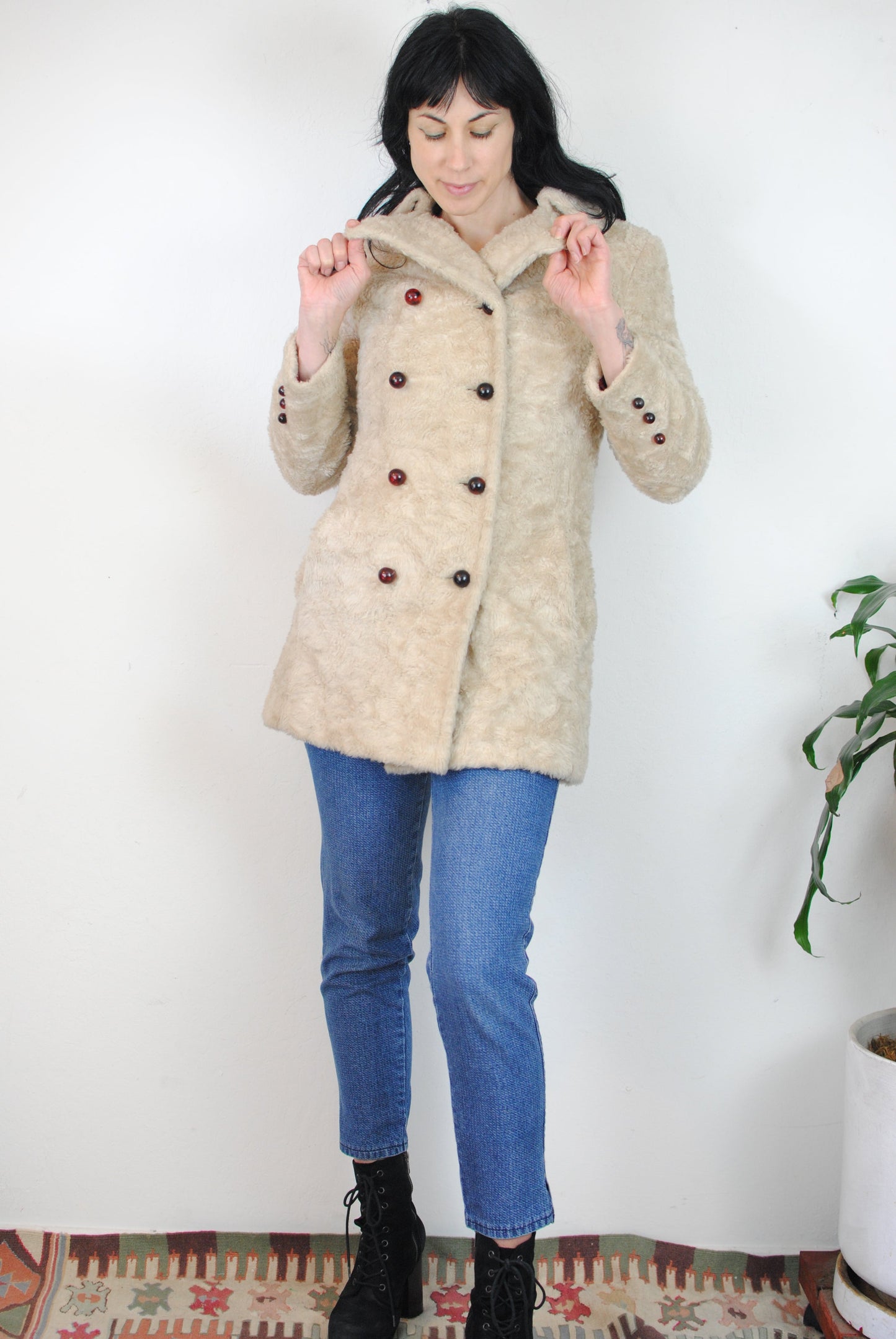 Copy of 60s 70s cream off white beige faux fur peacoat double breasted coat jacket