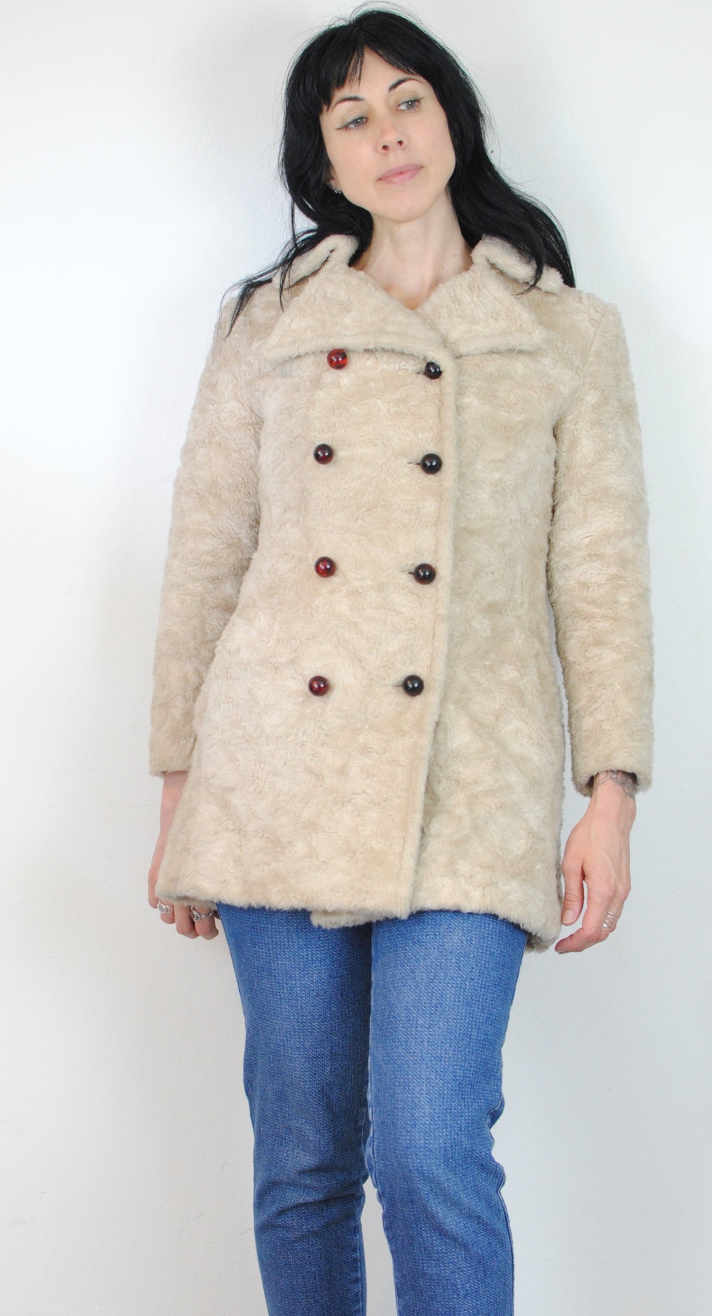 Copy of 60s 70s cream off white beige faux fur peacoat double breasted coat jacket