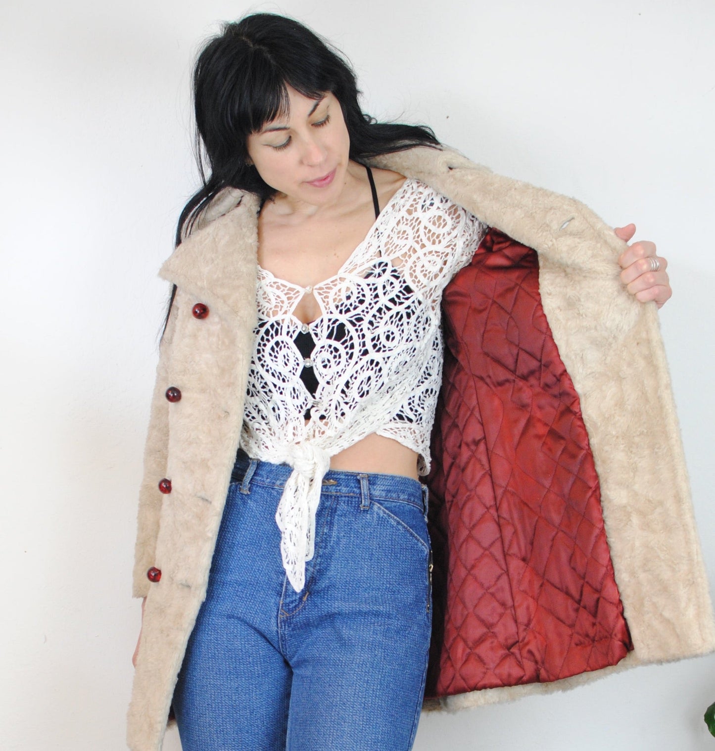 Copy of 60s 70s cream off white beige faux fur peacoat double breasted coat jacket