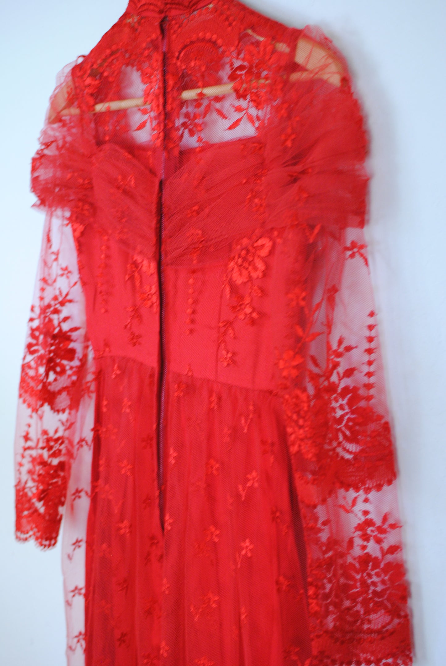 Sheer lace red dress long sleeve zip back hand made halloween costume extra small