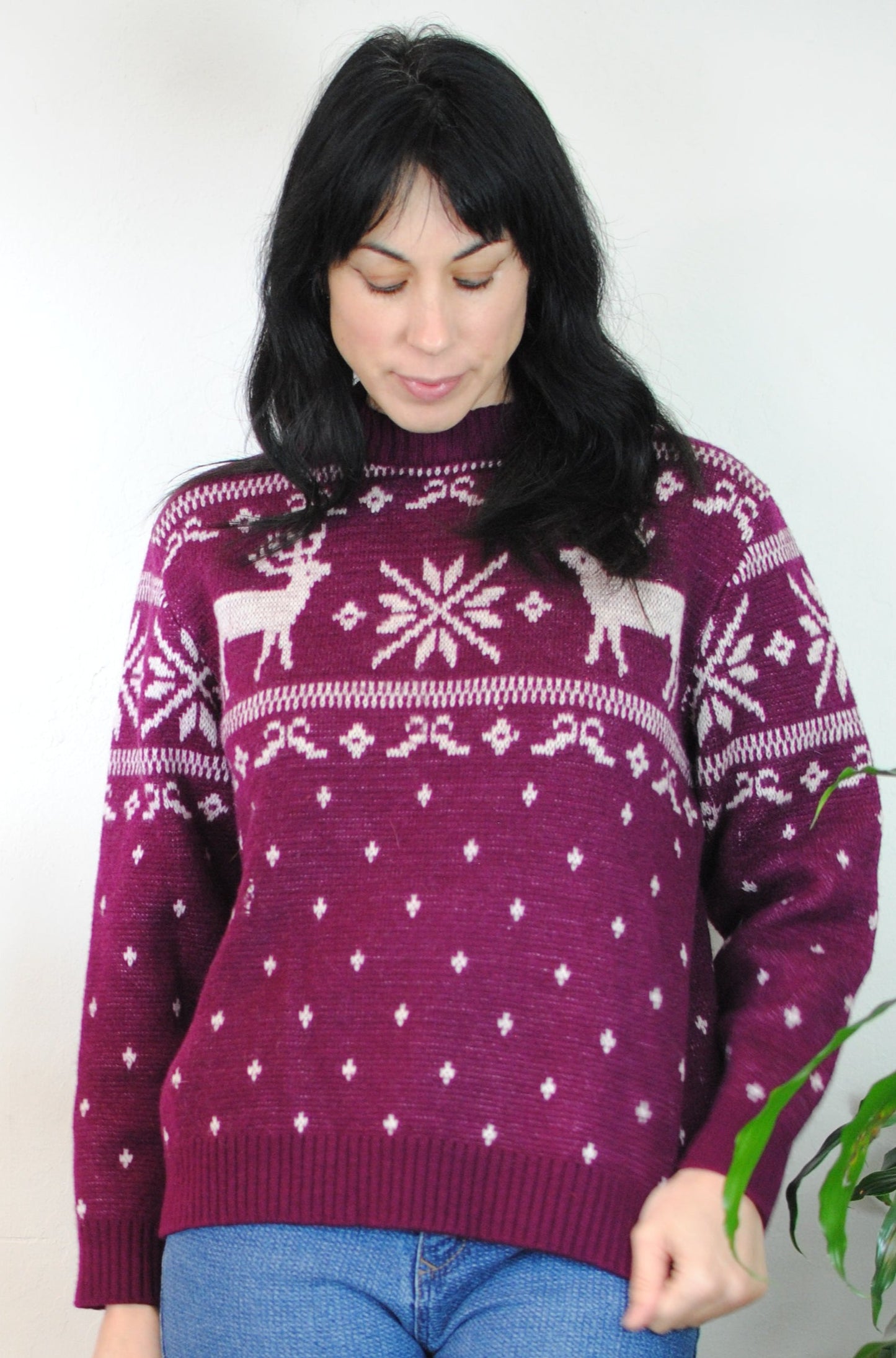 Purple knit deer sweater 70s 80s Sundowner wool top