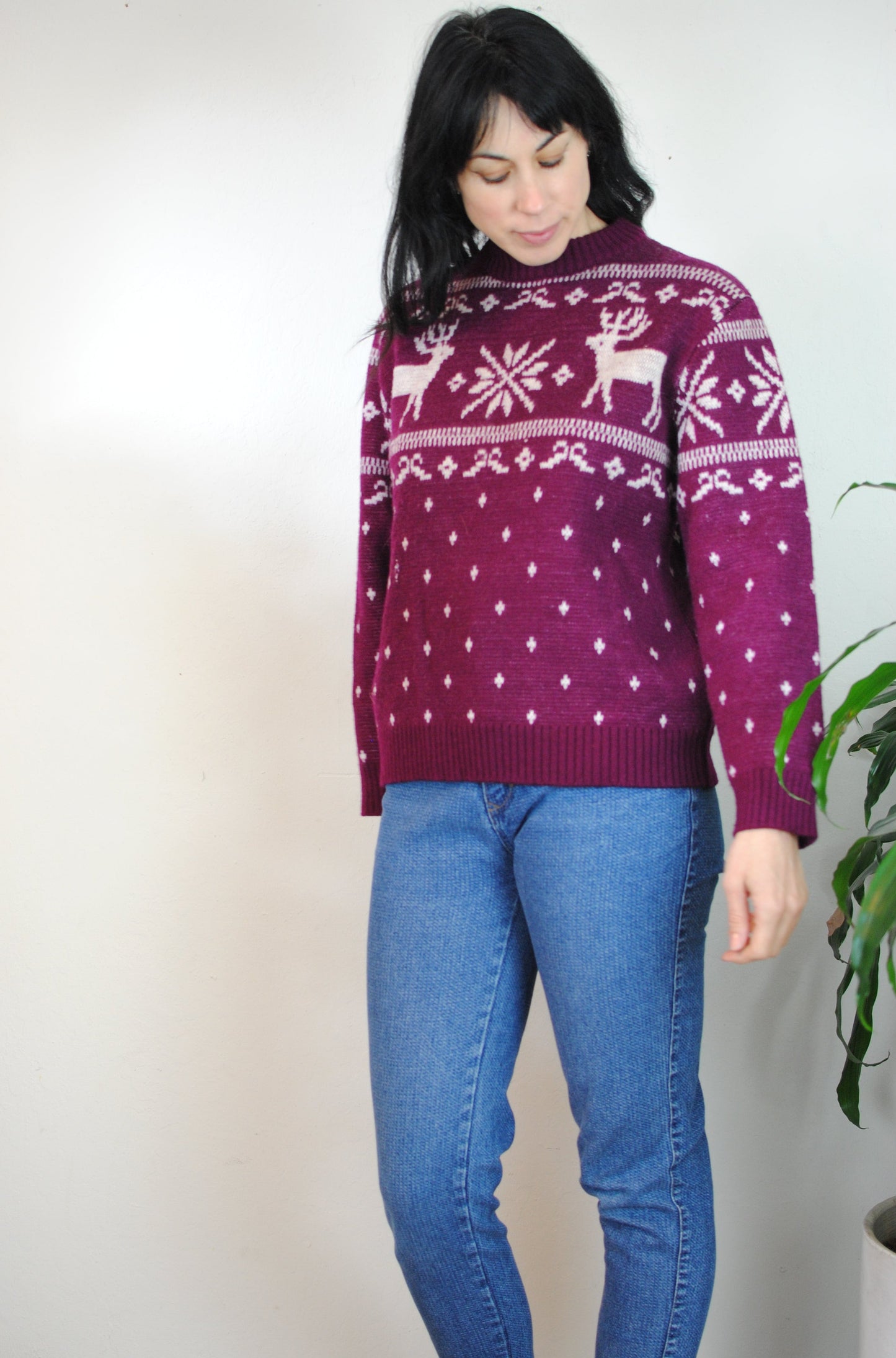 Purple knit deer sweater 70s 80s Sundowner wool top