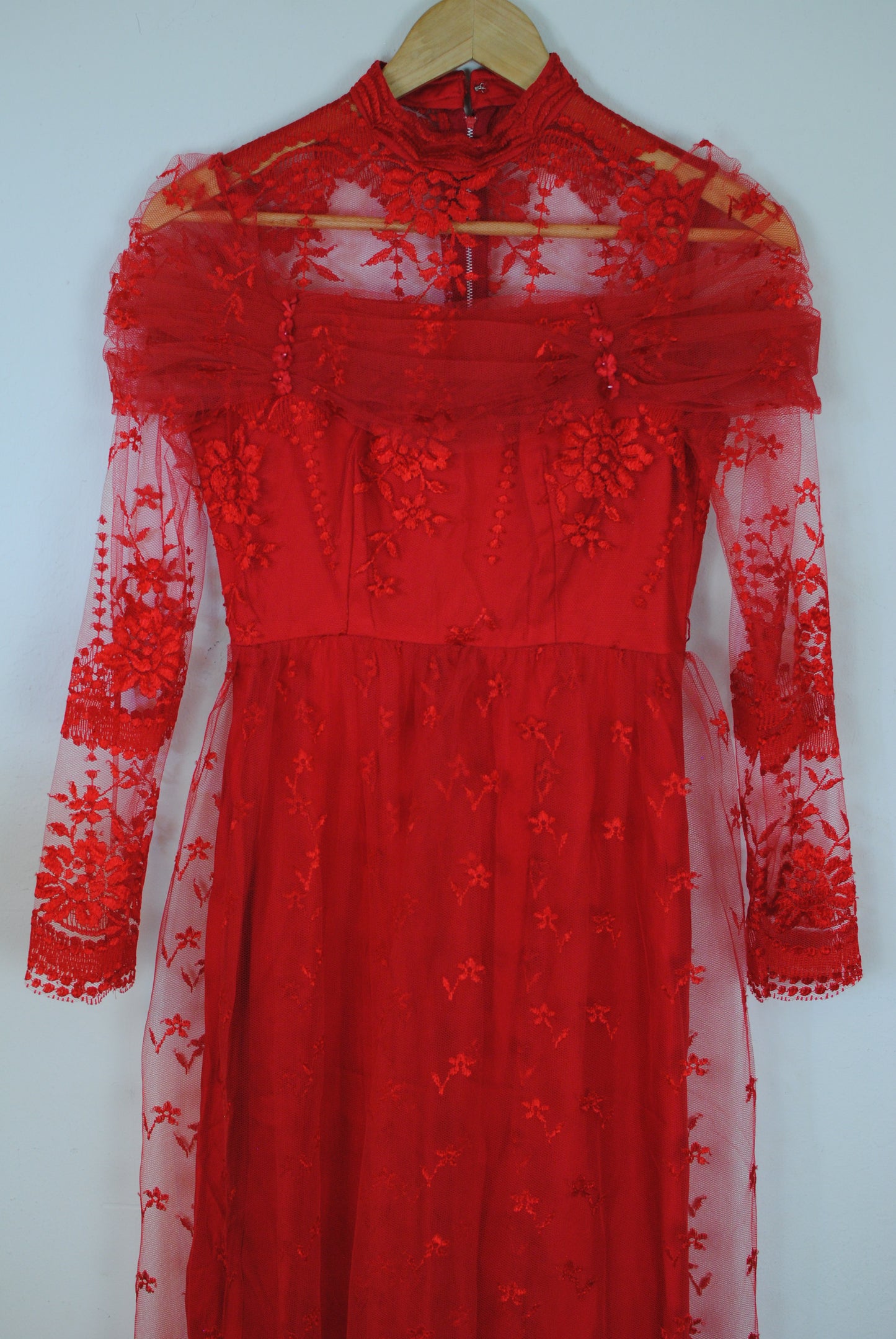 Sheer lace red dress long sleeve zip back hand made halloween costume extra small