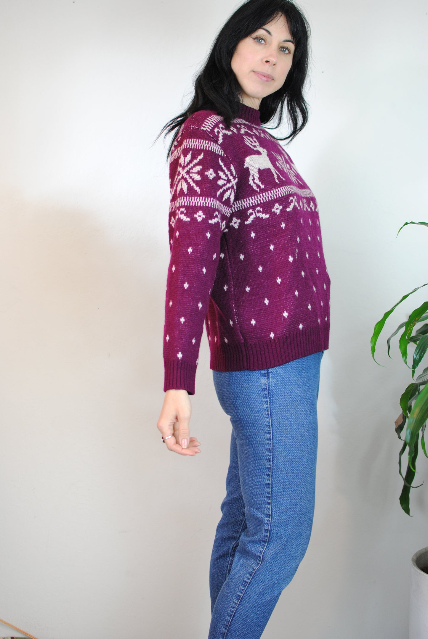 Purple knit deer sweater 70s 80s Sundowner wool top