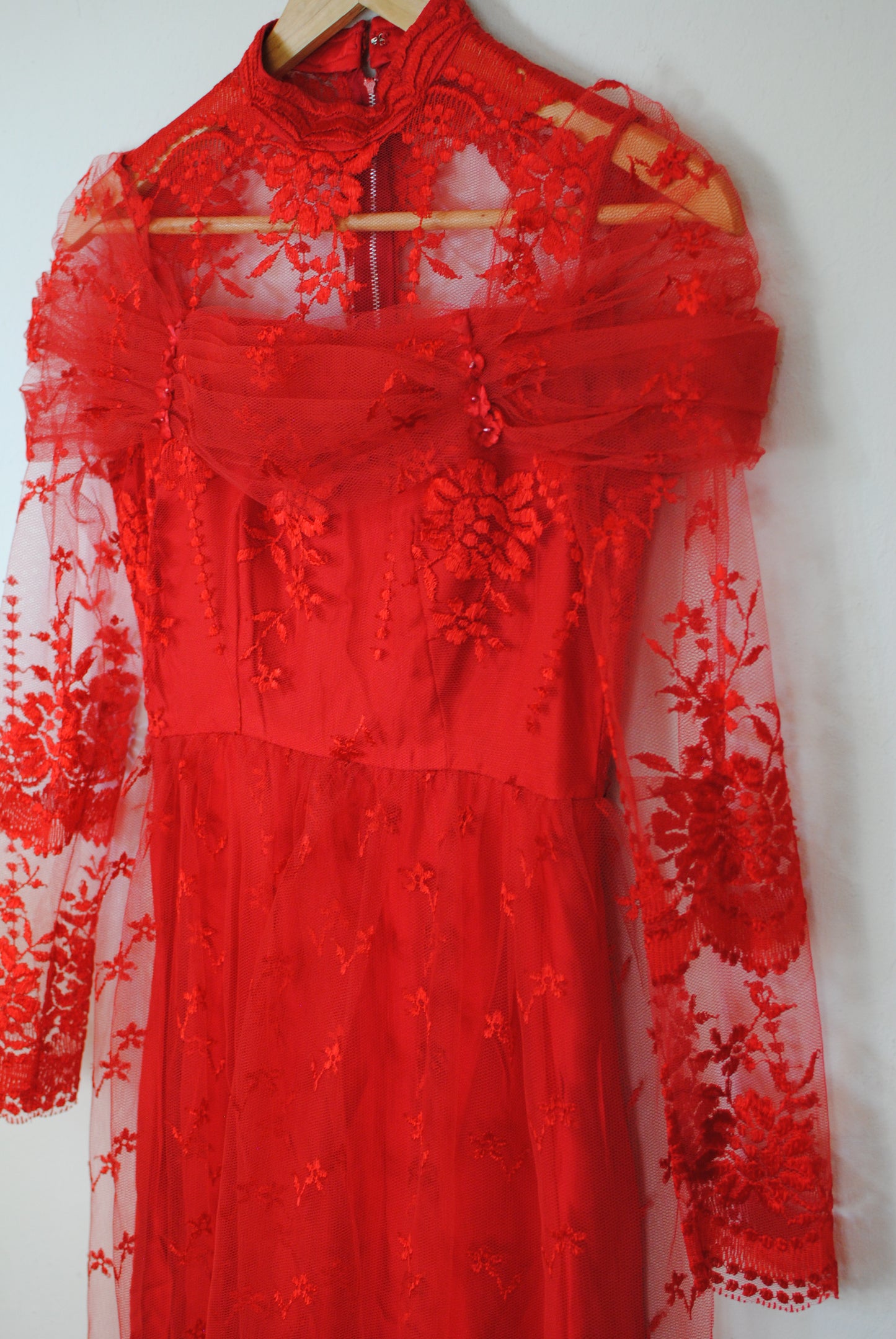 Sheer lace red dress long sleeve zip back hand made halloween costume extra small