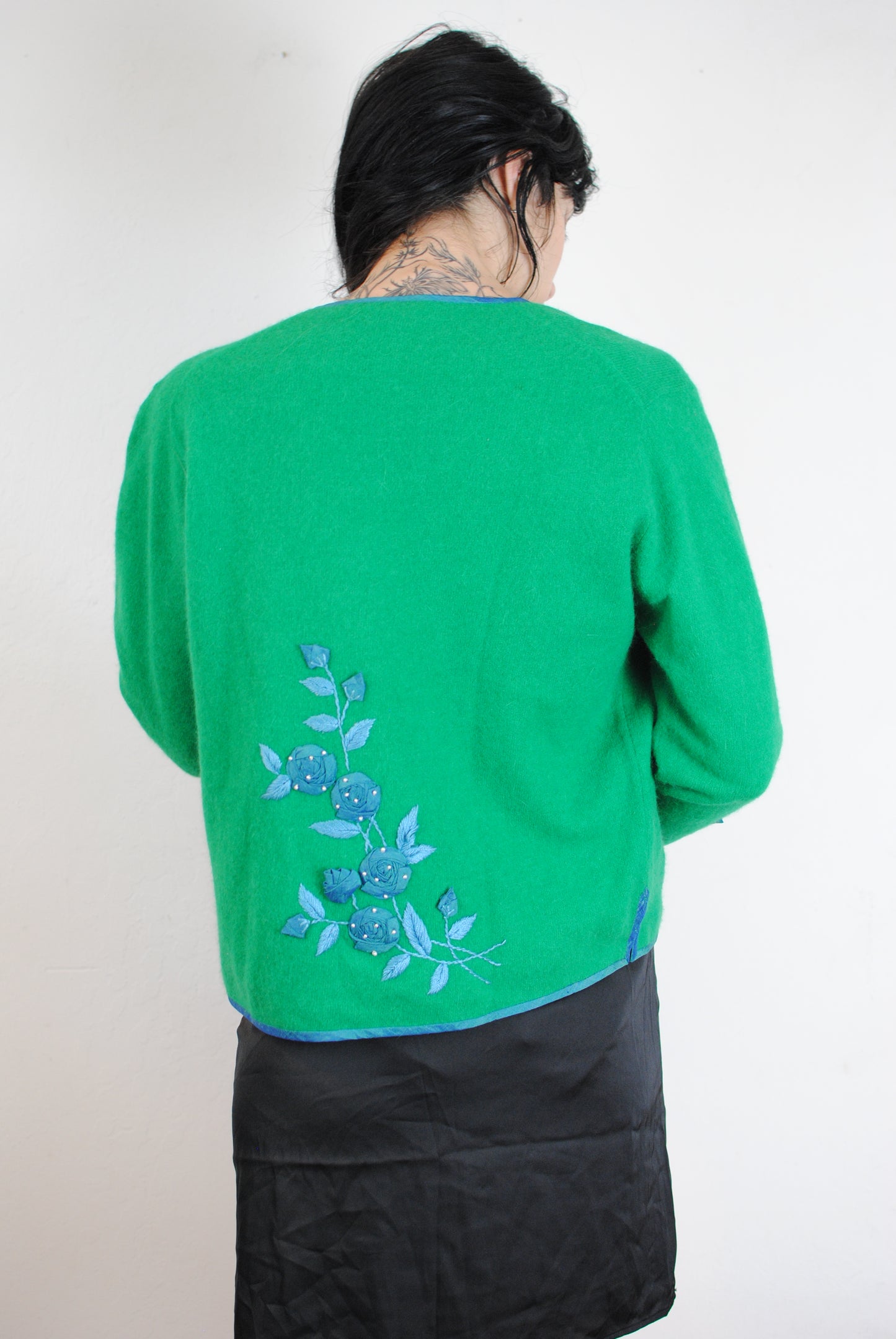 50s cashmere sweater knit cardigan hand beaded fully lined green blue