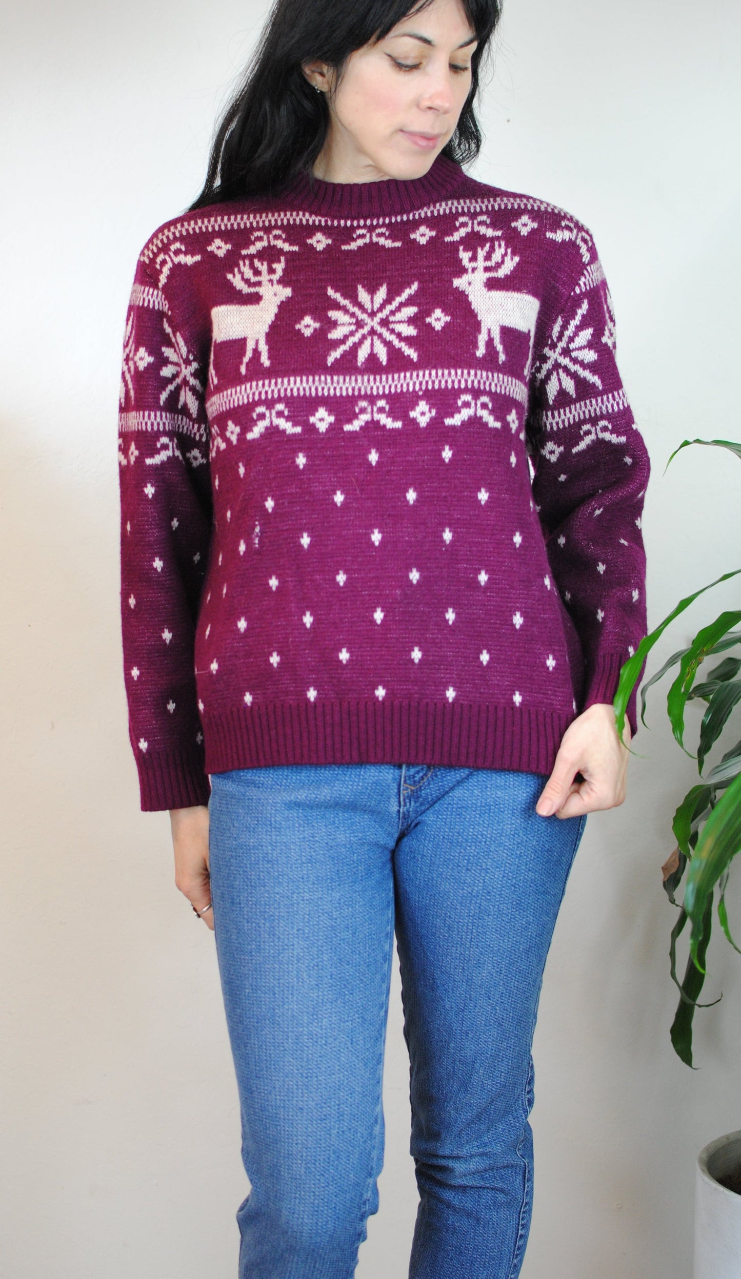 Purple knit deer sweater 70s 80s Sundowner wool top