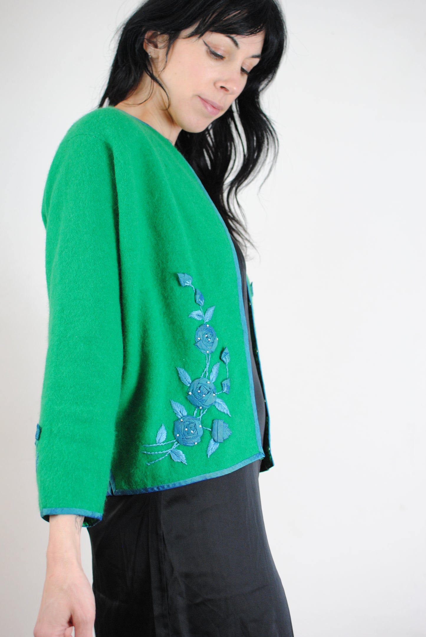 50s cashmere sweater knit cardigan hand beaded fully lined green blue