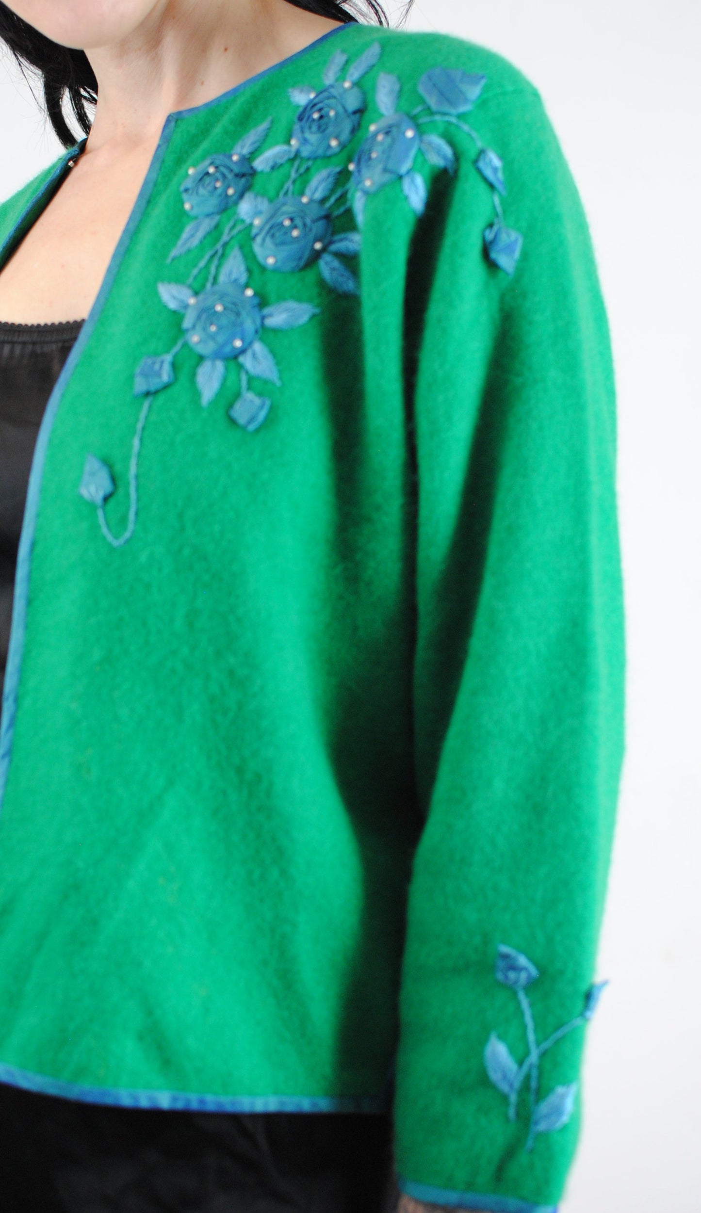 50s cashmere sweater knit cardigan hand beaded fully lined green blue