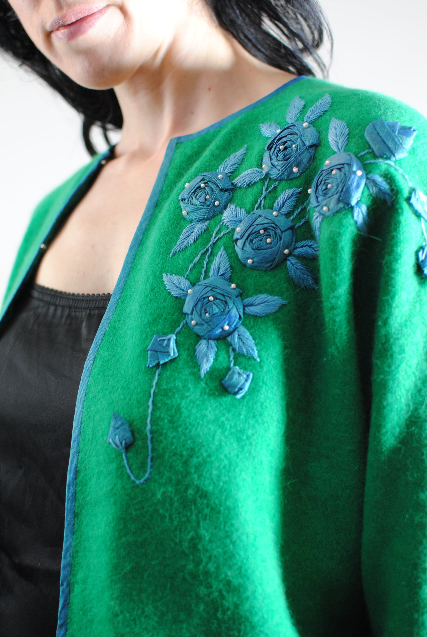 50s cashmere sweater knit cardigan hand beaded fully lined green blue