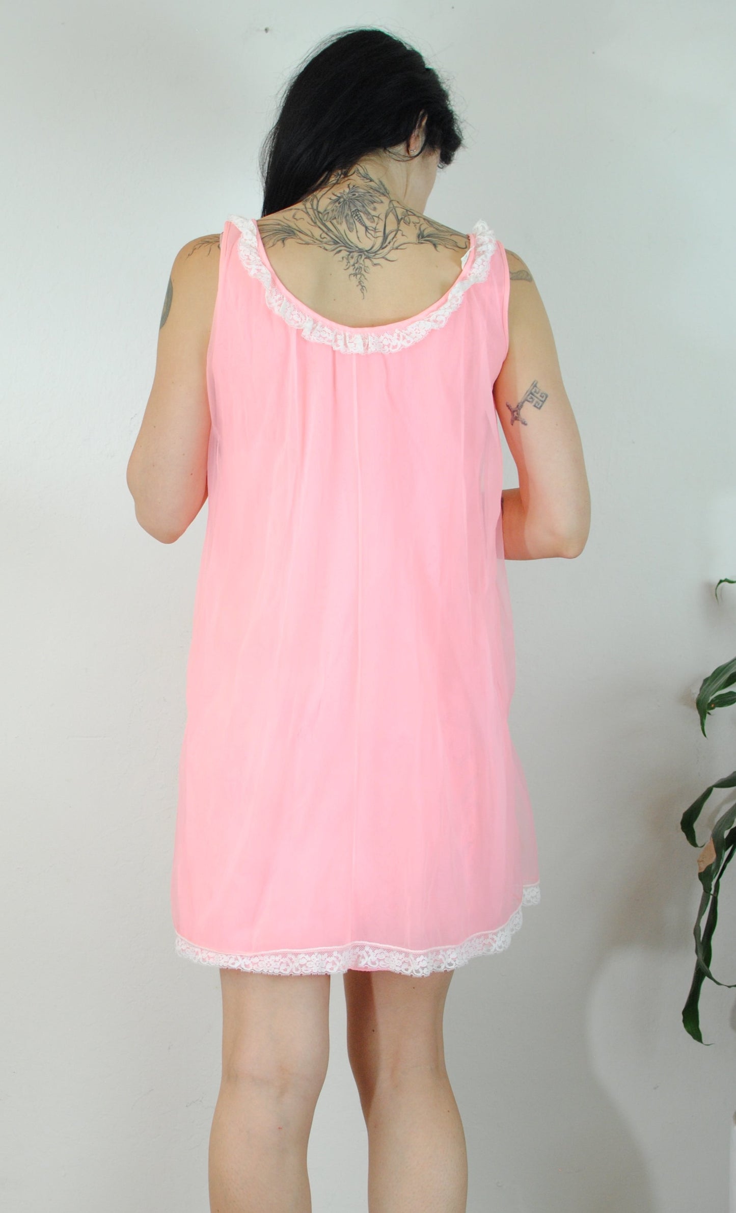 Bright pink nylon 60s nightgown lace neckline floral embroidery sleeveless