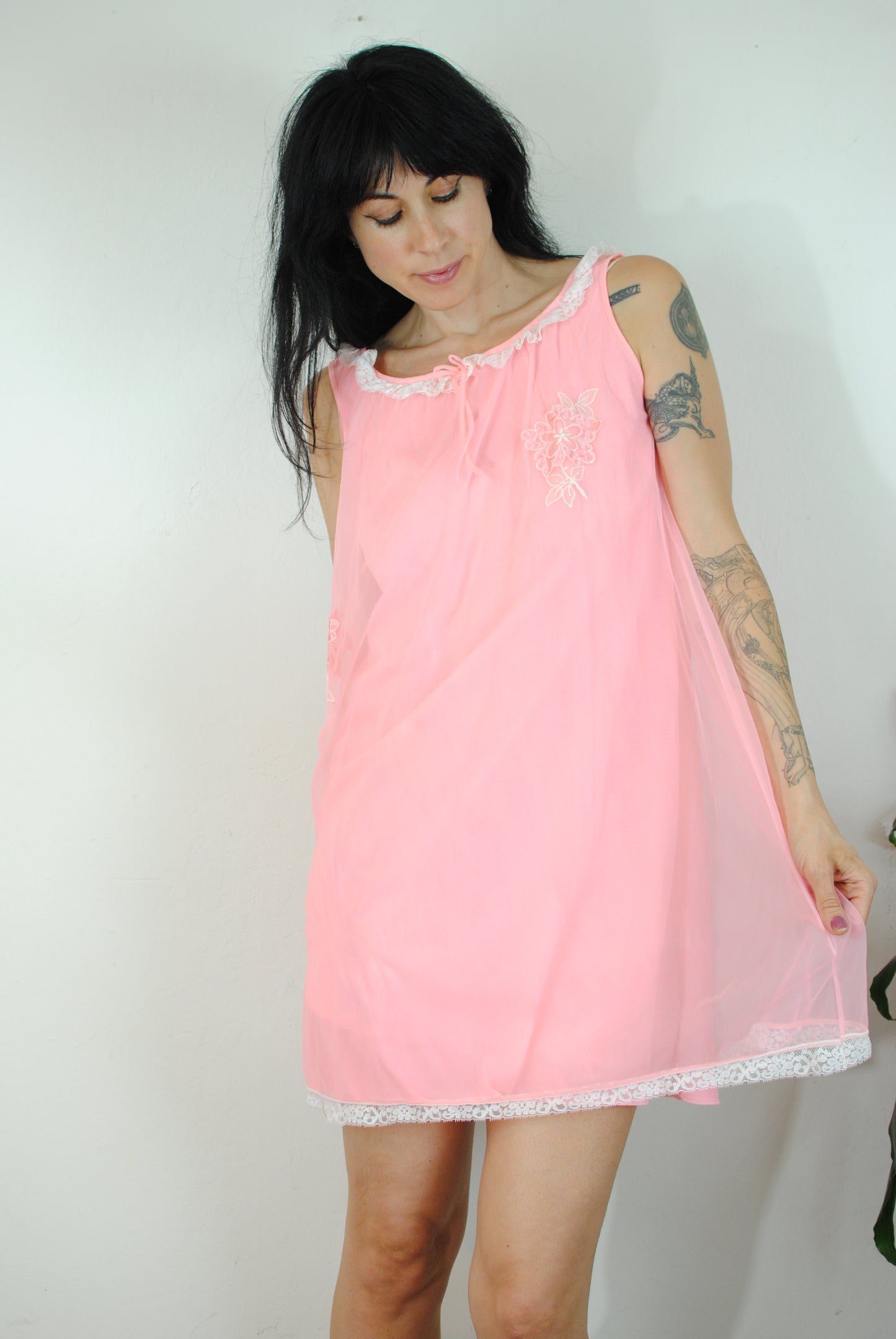 Bright pink nylon 60s nightgown lace neckline floral embroidery sleeveless