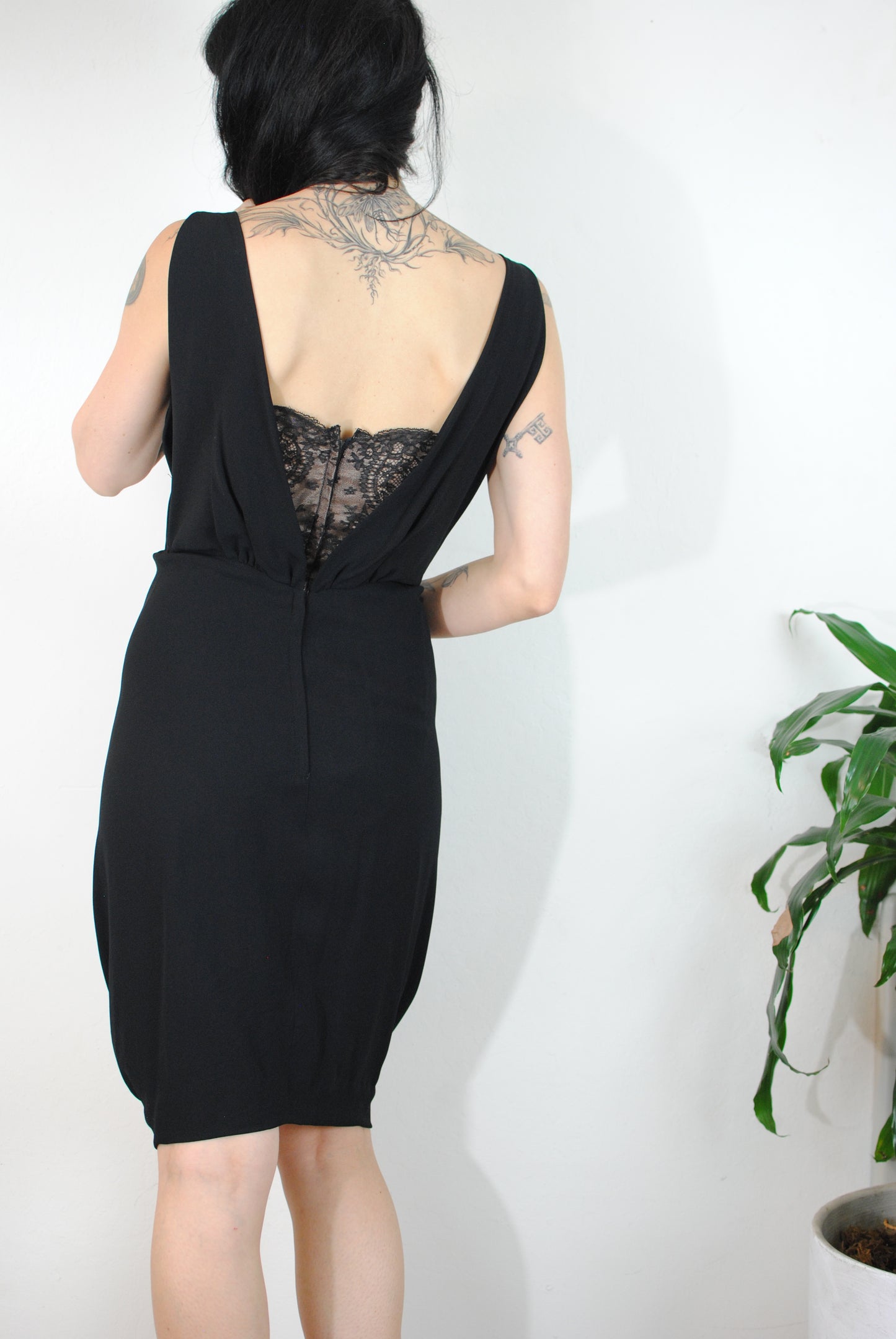 black 50s 60s cocktail dress boned bust peak a boo lace gathered bottom hem Mildred-Hazel Shop evening dress