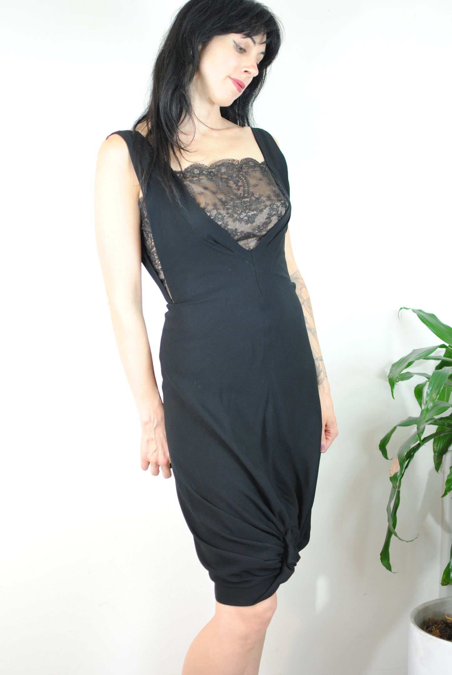 black 50s 60s cocktail dress boned bust peak a boo lace gathered bottom hem Mildred-Hazel Shop evening dress