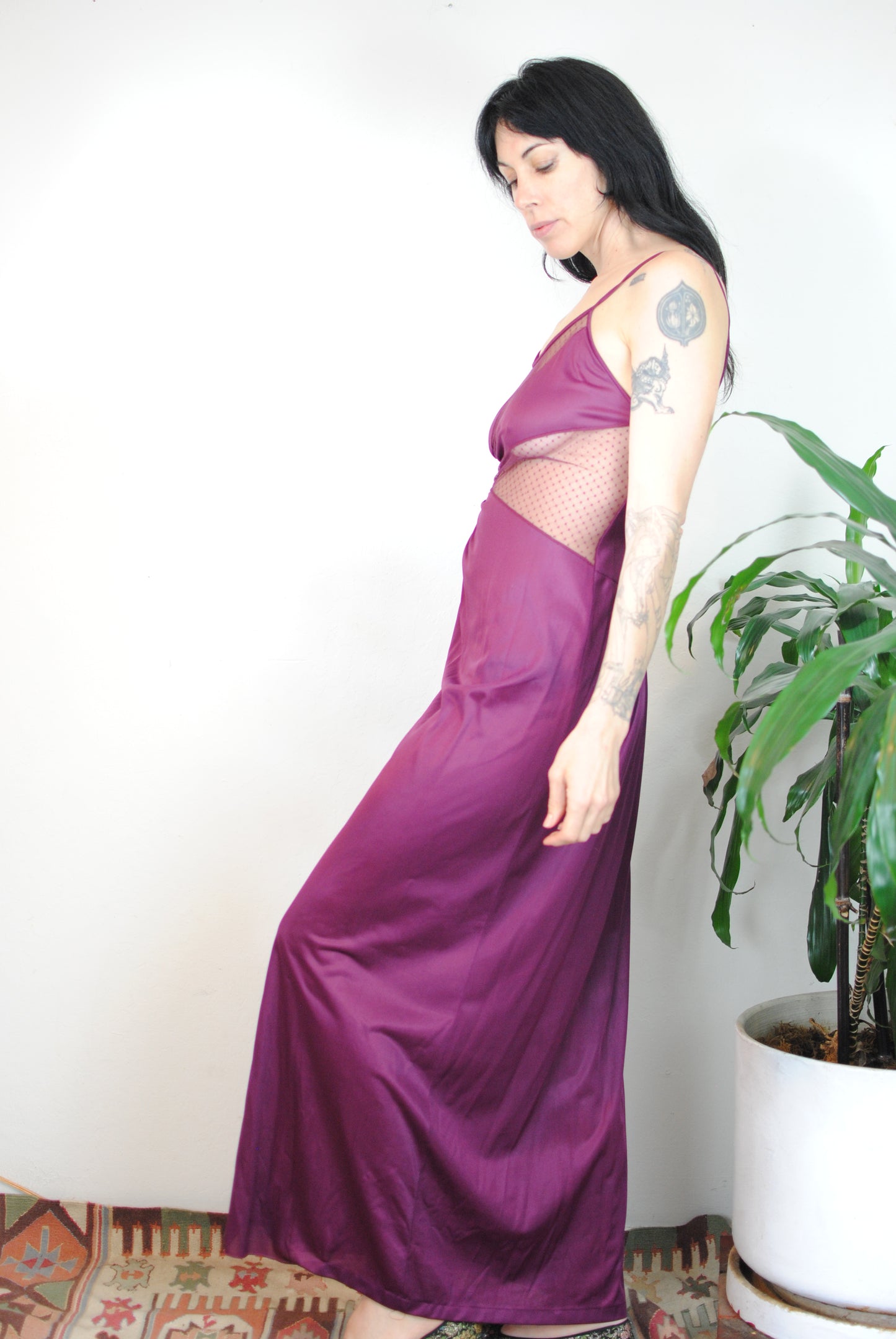 Purple nylon 70s peek a boo night gown slip lingerie