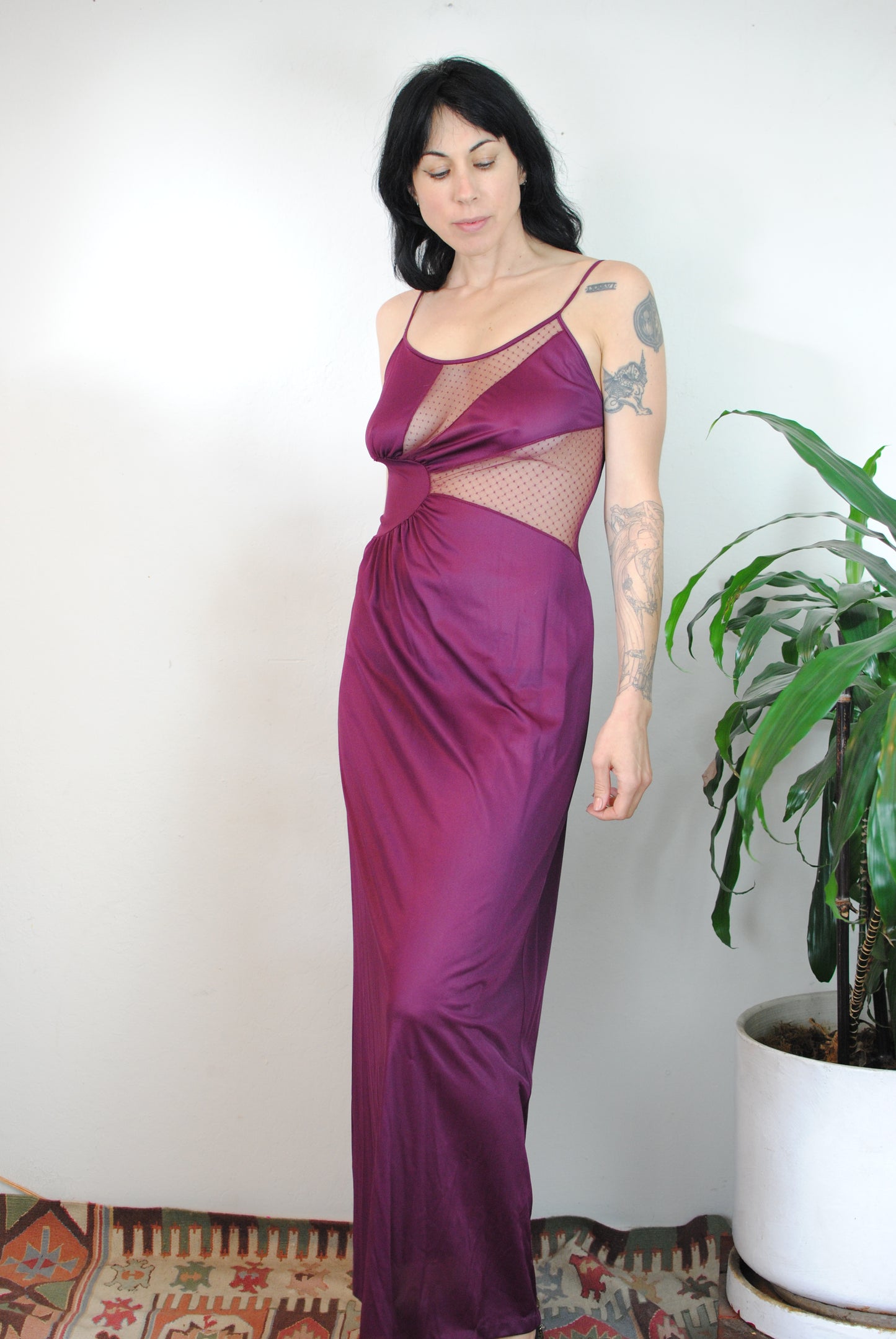 Purple nylon 70s peek a boo night gown slip lingerie