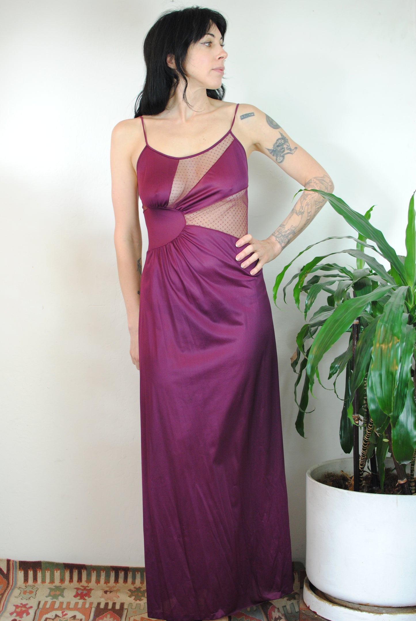 Purple nylon 70s peek a boo night gown slip lingerie