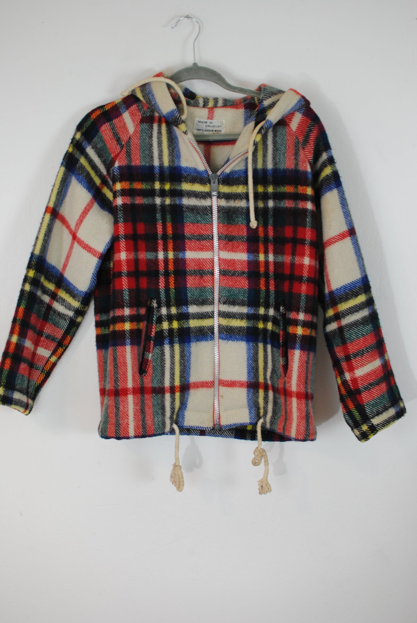 Wool plaid hooded 60s 70s coat zip up jacket virgin wool winter coat