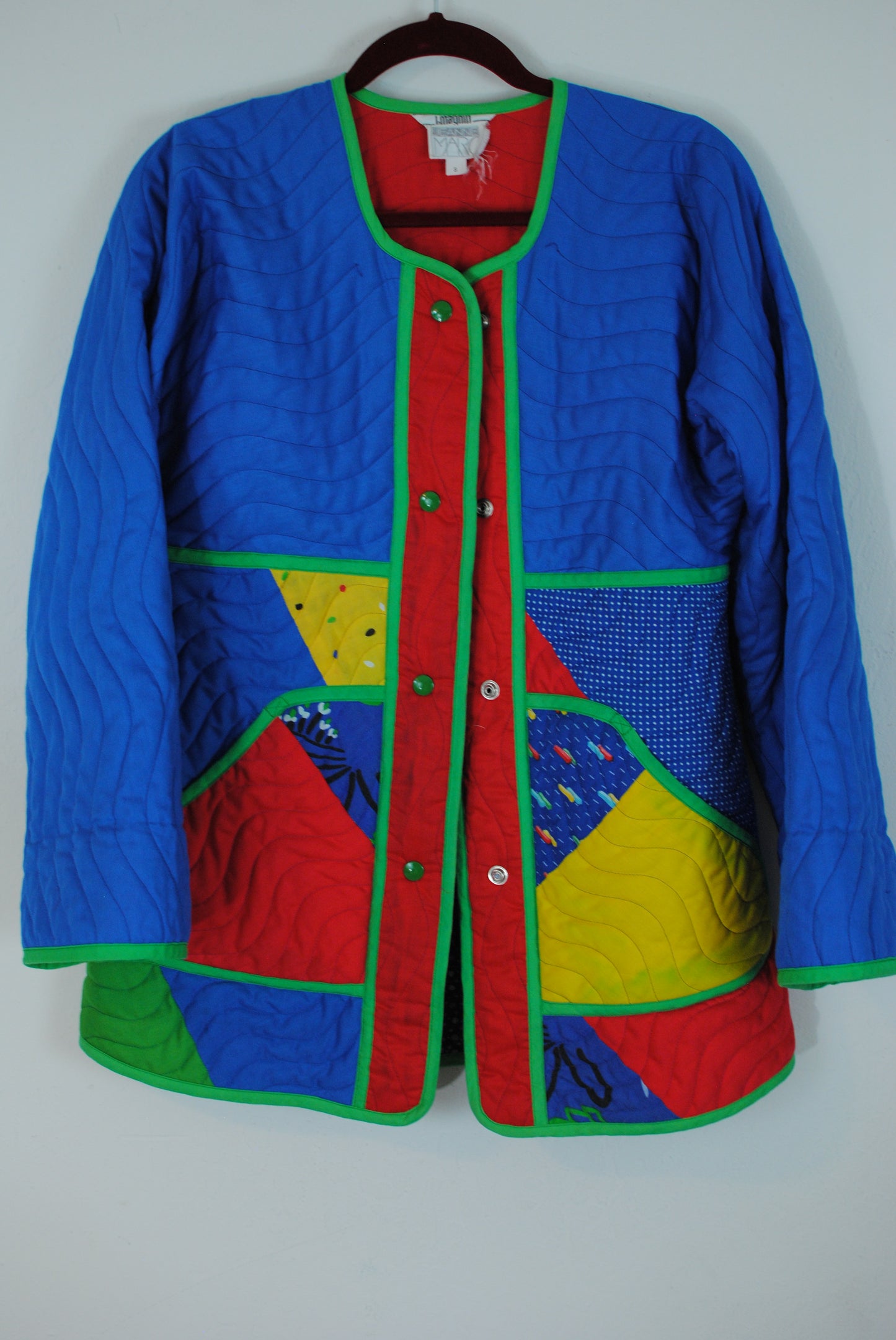 Jeanne Marc quilted coat bird design red blue green flower