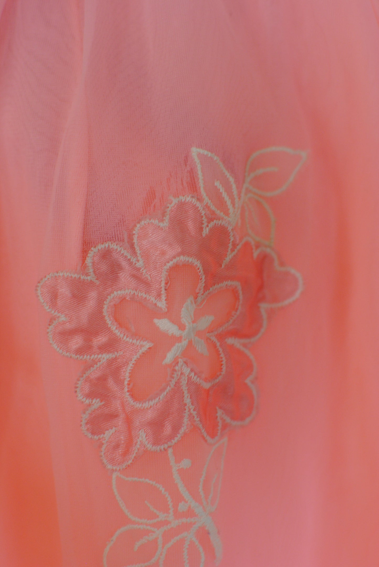 Bright pink nylon 60s nightgown lace neckline floral embroidery sleeveless