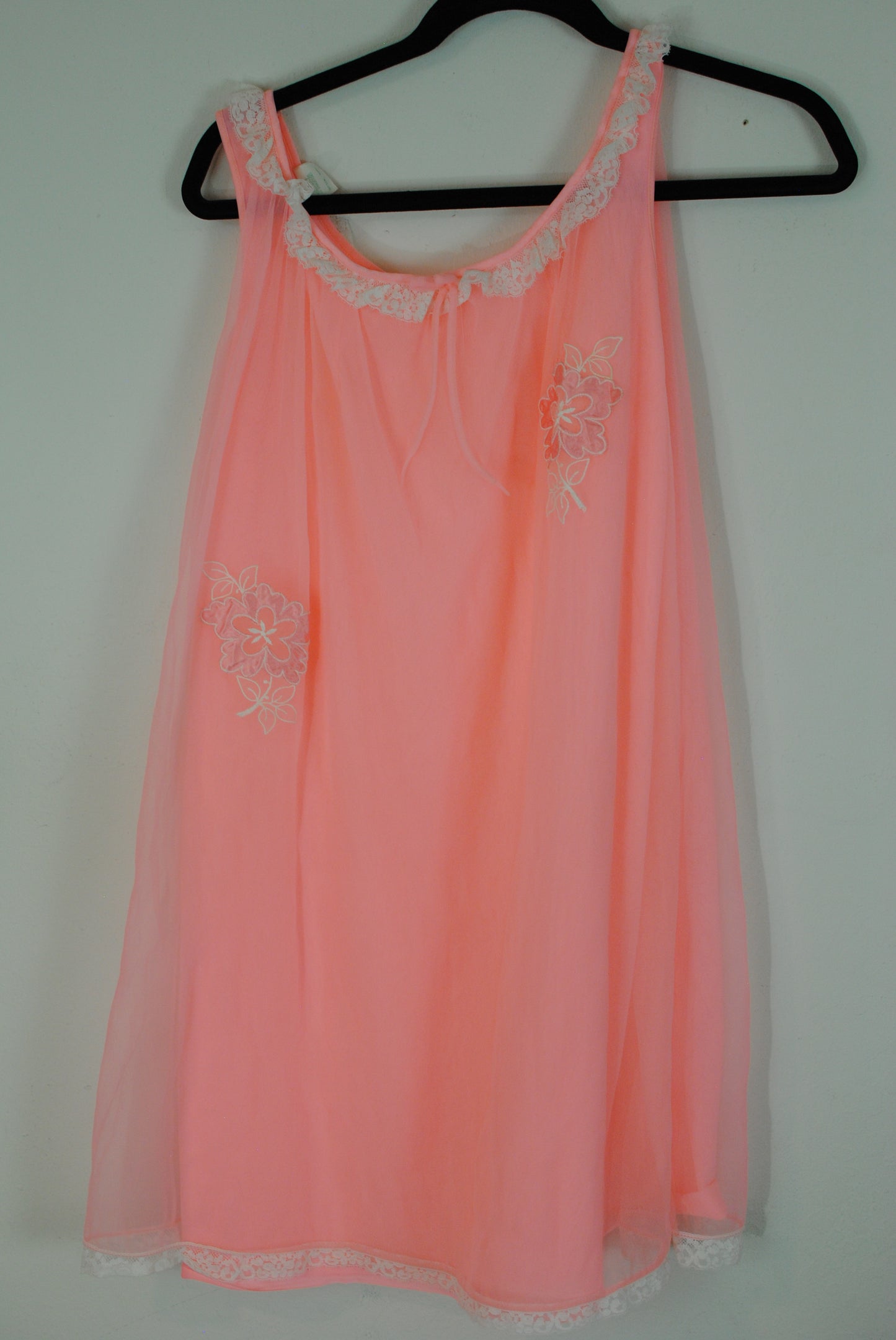 Bright pink nylon 60s nightgown lace neckline floral embroidery sleeveless