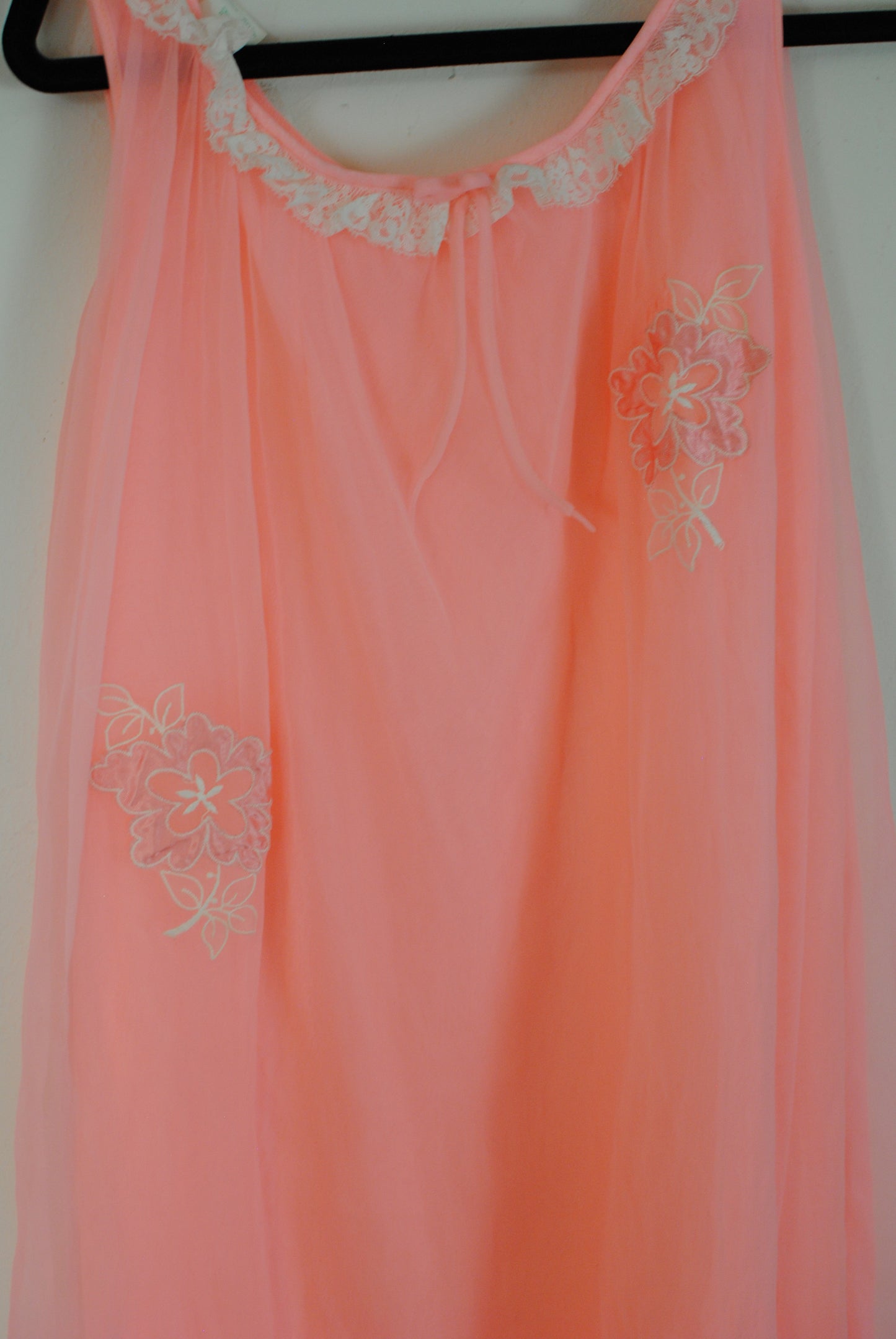 Bright pink nylon 60s nightgown lace neckline floral embroidery sleeveless