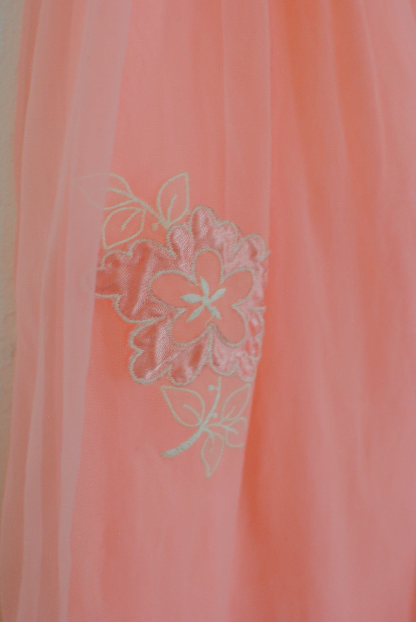 Bright pink nylon 60s nightgown lace neckline floral embroidery sleeveless