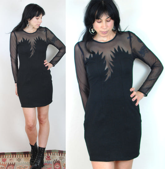 vintage 80s fitted dress bodycon long sleeve with sheer peek a boo bust line in flame design