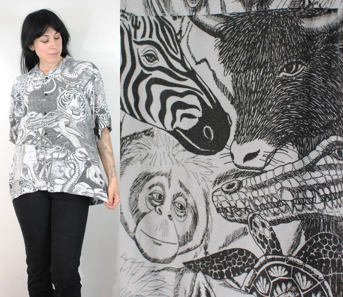 Cactus Club black white all over print animal shirt blouse zoo animals safari shirt screen print