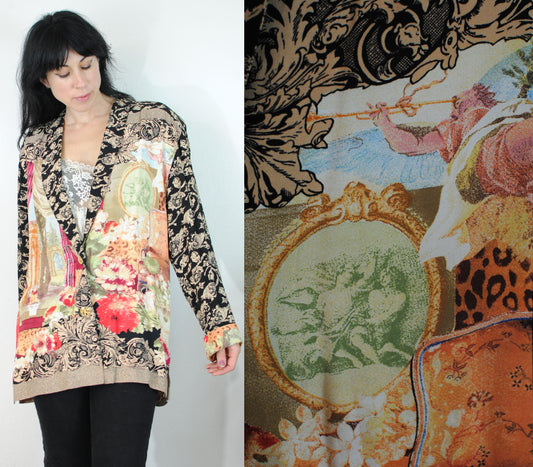 Carol Little 90s 80s rayon blazer gold buttons cherubs greek roman landscape