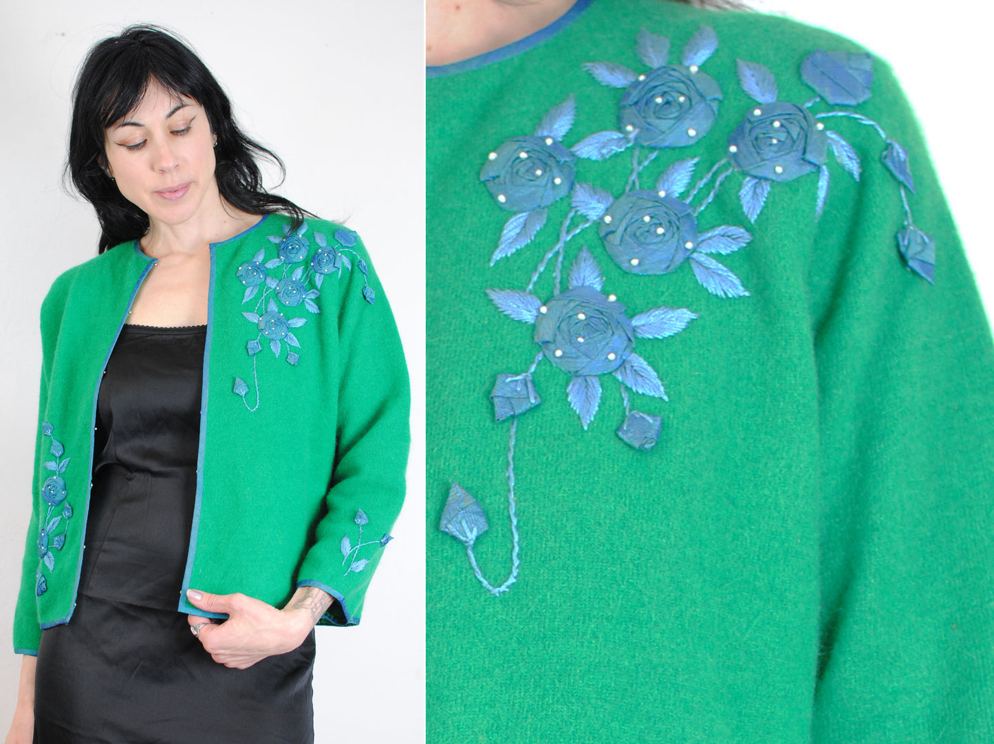 50s cashmere sweater knit cardigan hand beaded fully lined green blue