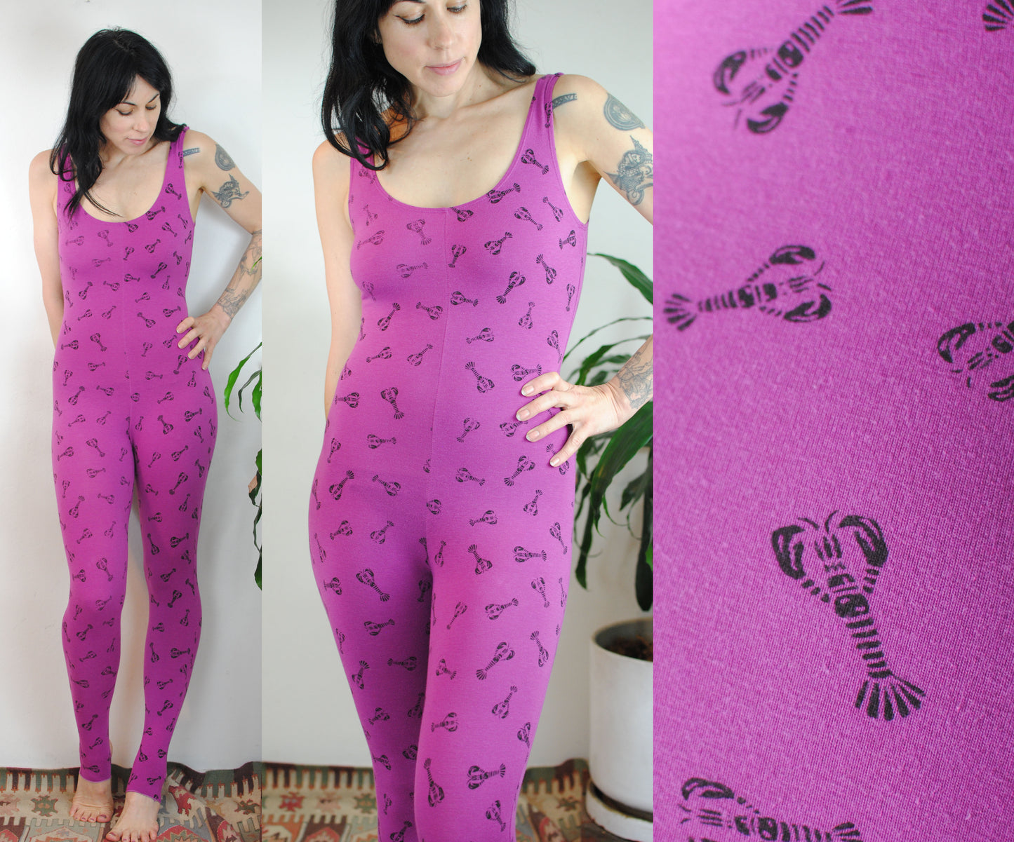 80s 90s unitard leotard lobster crawfish print purple magenta stirrup