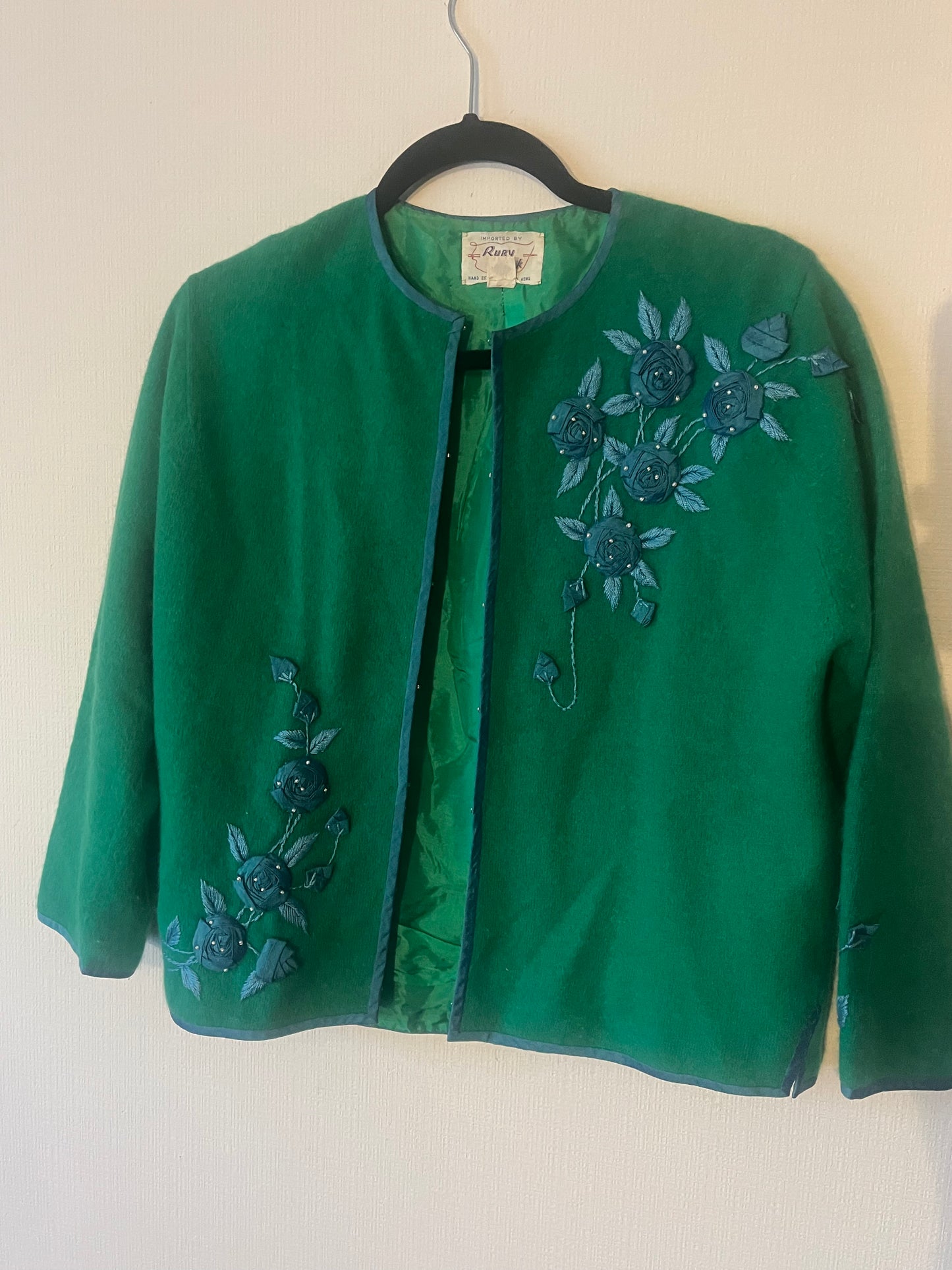 50s cashmere sweater knit cardigan hand beaded fully lined green blue