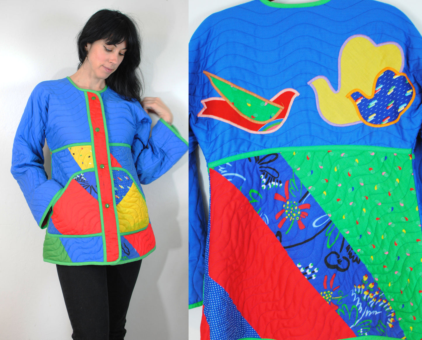 Jeanne Marc quilted coat bird design red blue green flower