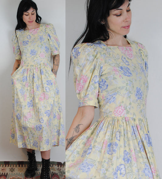 Laura Ashley yellow floral puff sleeve dress romantic cottagecore