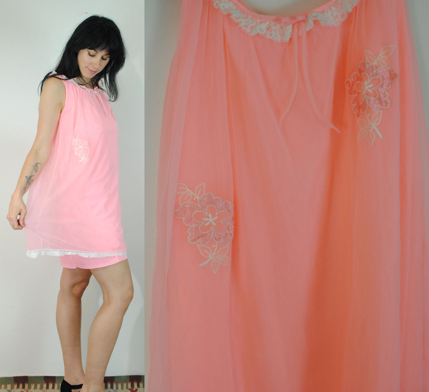 Bright pink nylon 60s nightgown lace neckline floral embroidery sleeveless