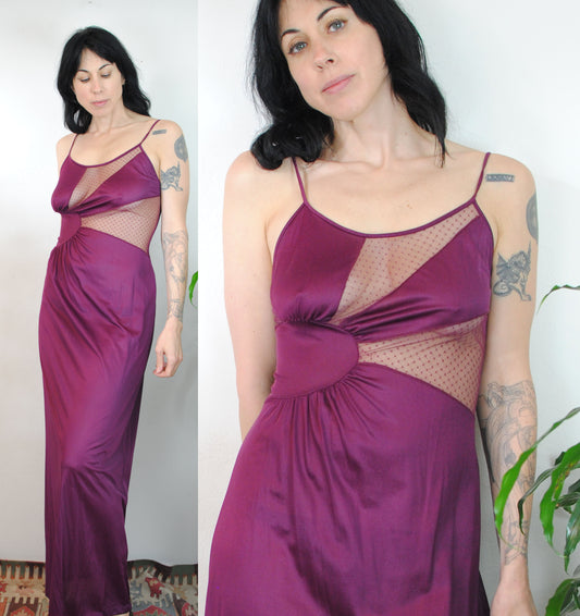 Purple nylon 70s peek a boo night gown slip lingerie